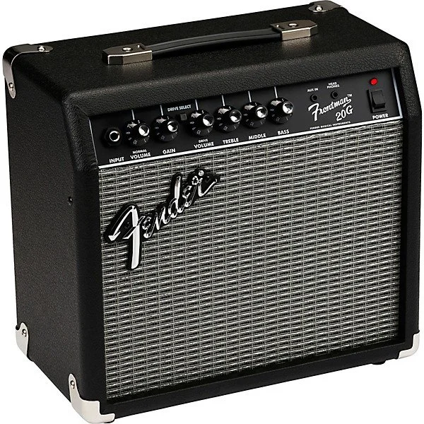 Black Fender Frontman 20G guitar amplifier with control knobs, handle, and silver grille cloth.