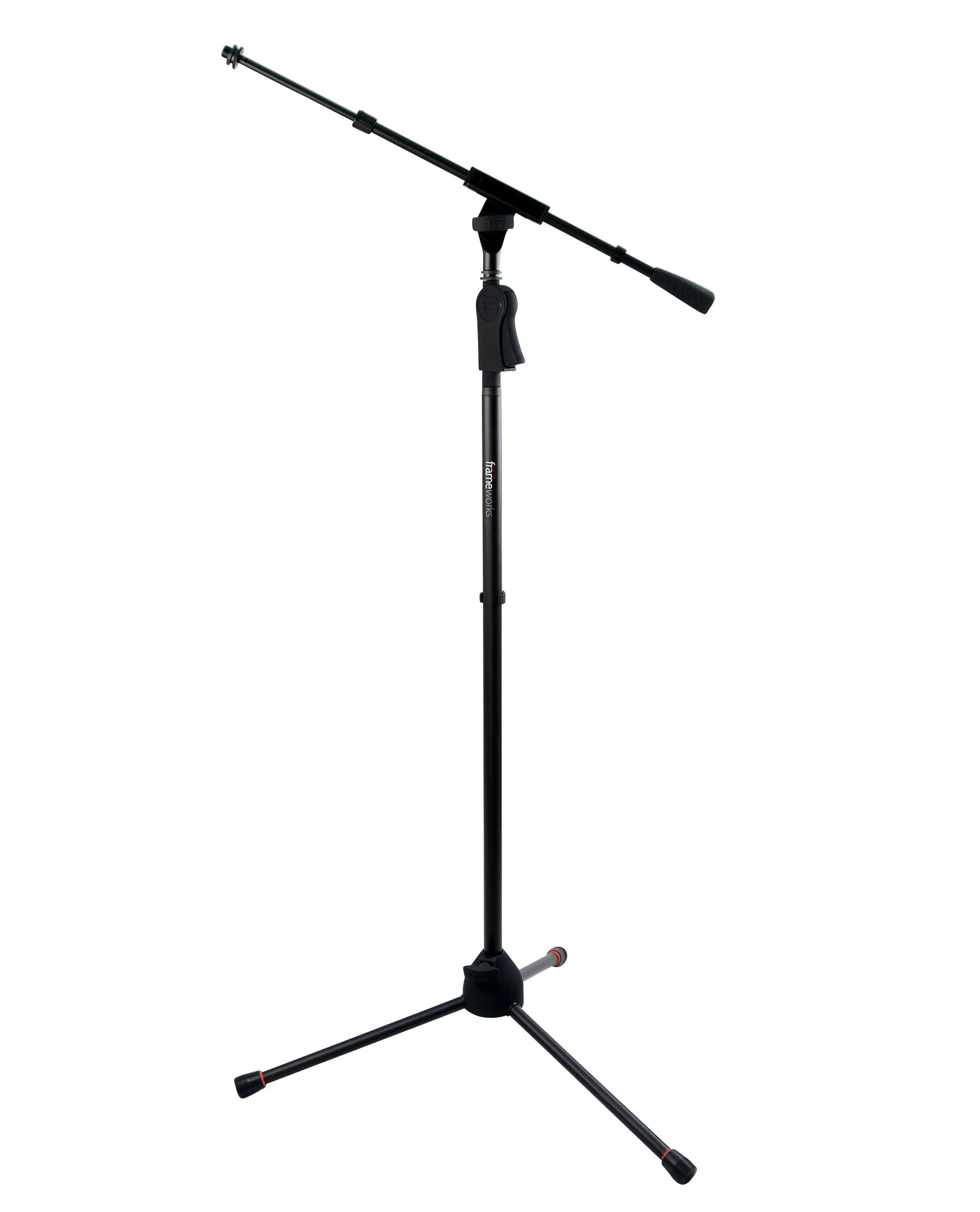 Portable microphone boom stand with adjustable height and a microphone holder.