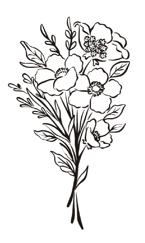 Line drawing of a bouquet of flowers with leaves and stems on a black background.