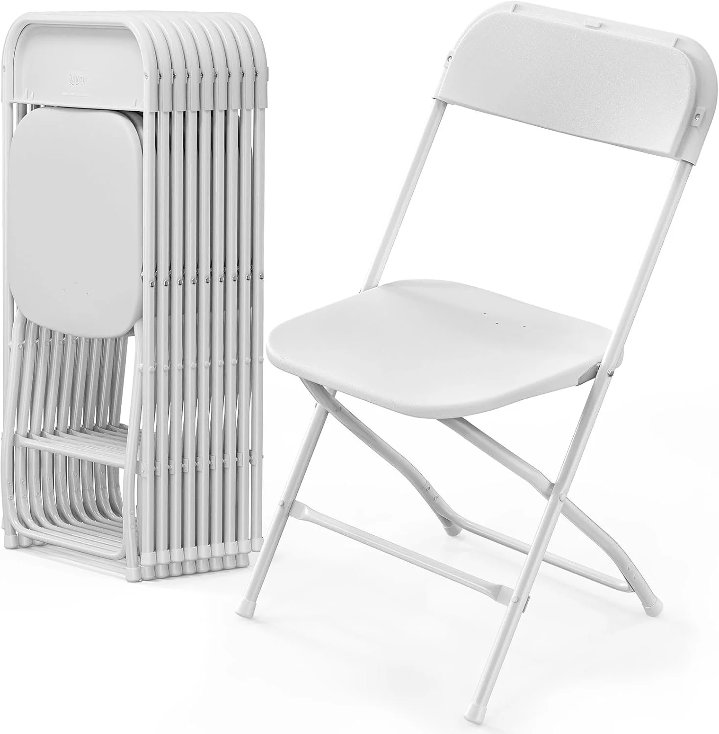 Stacked white folding chairs next to a single unfolded white folding chair.