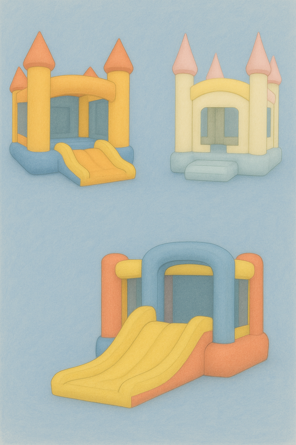 Three small colorful inflatable bounce houses with slides on a blue background.