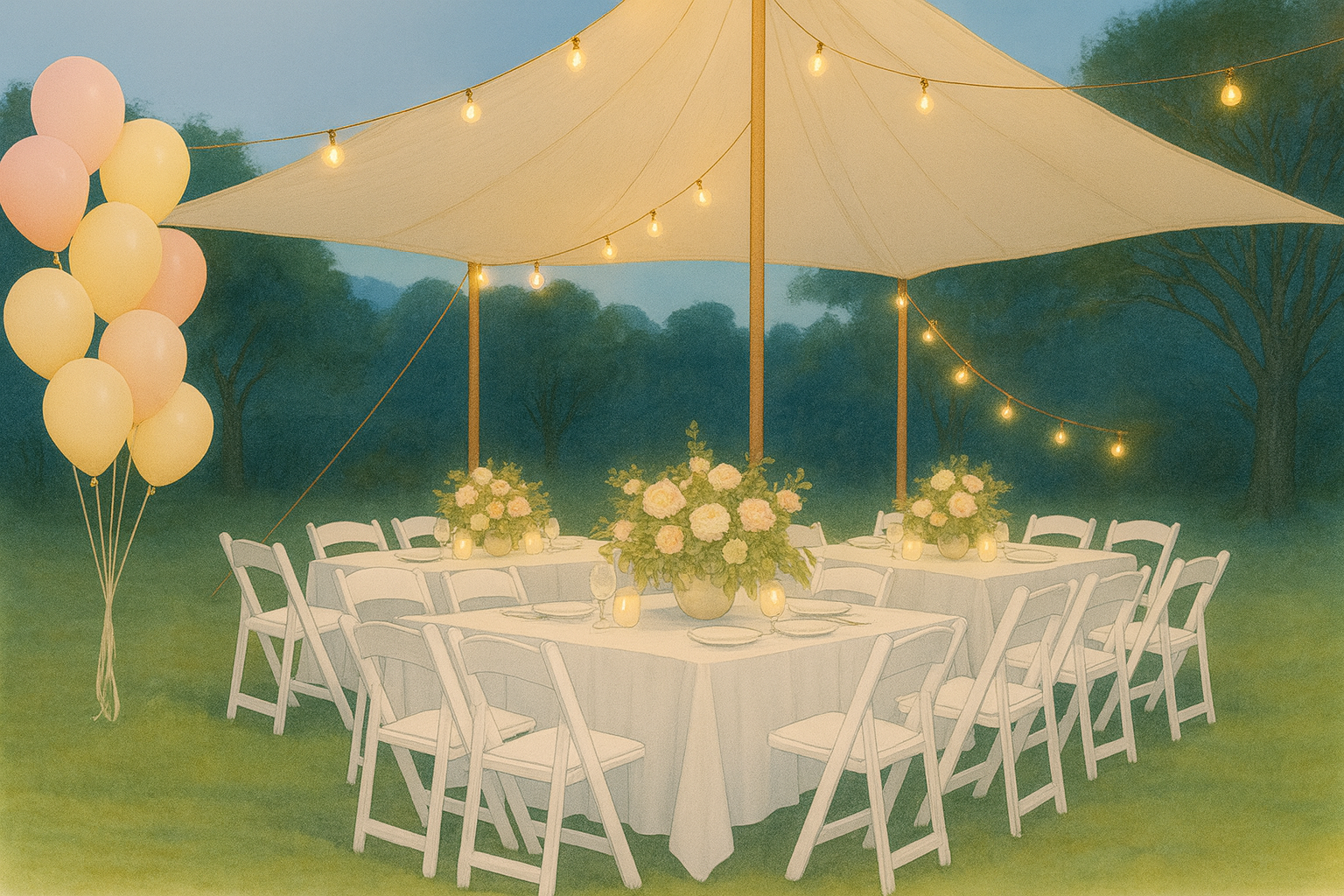 Outdoor celebration setup with a large table, white chairs, floral centerpieces, string lights, a beige canopy, and pink and yellow balloons, set on lush green grass at dusk.