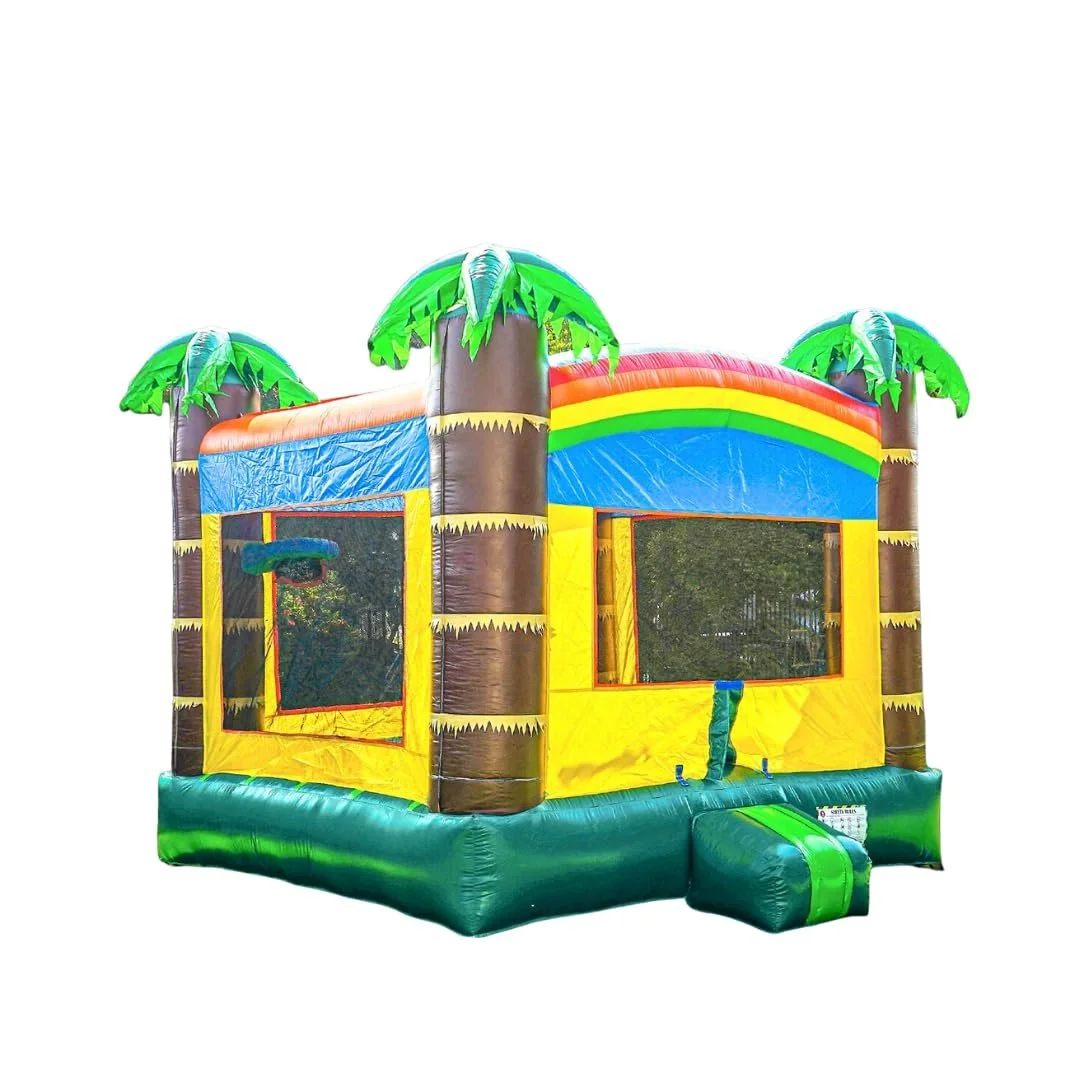 Colorful inflatable bounce house with palm tree decorations and rainbow design.