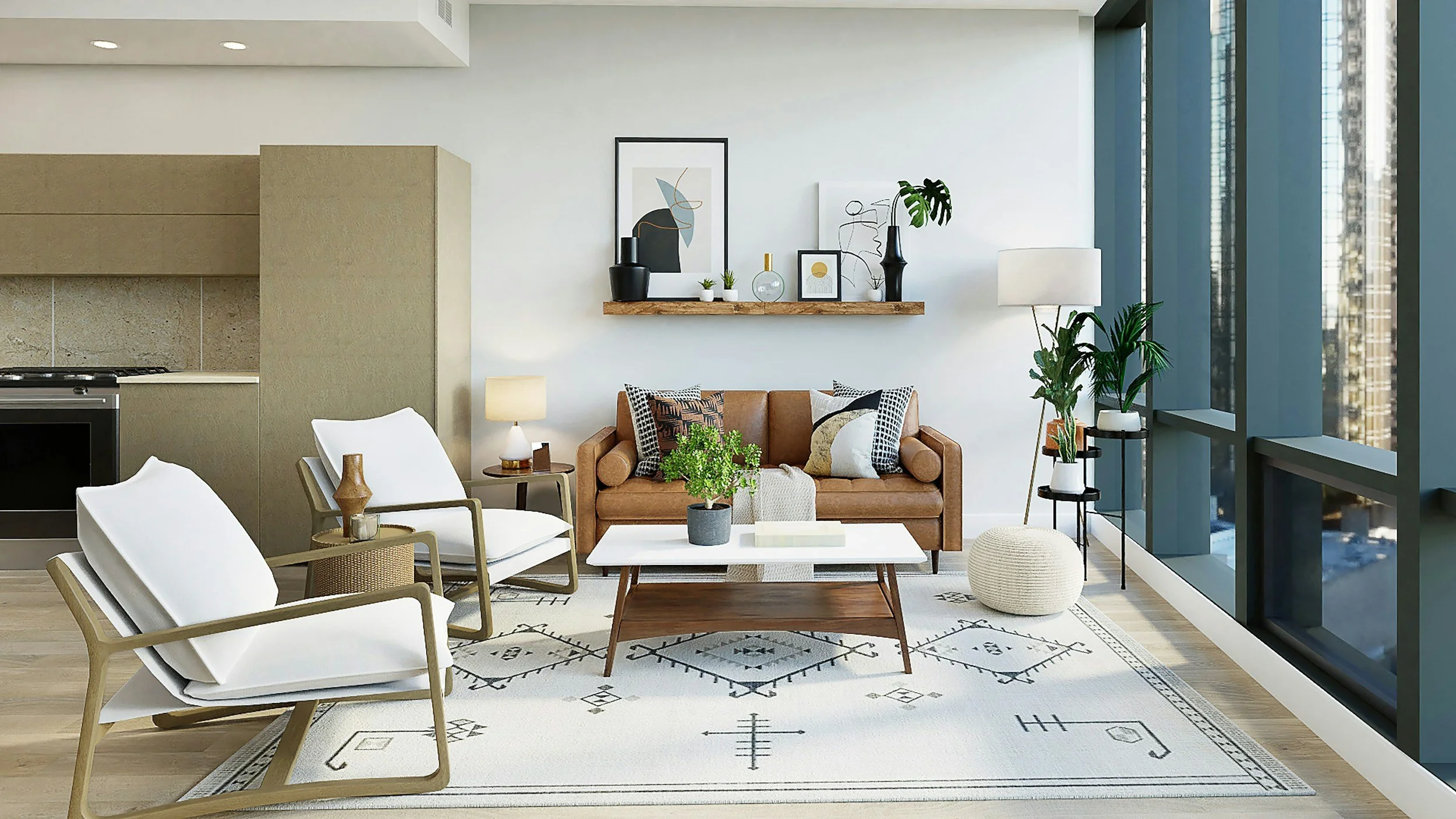 Living room with a modern style, brown sofa with patterned pillows, two white armchairs, a white and wood coffee table with a potted plant, a side table, different wall art and decor, large windows with city view, and various potted plants.