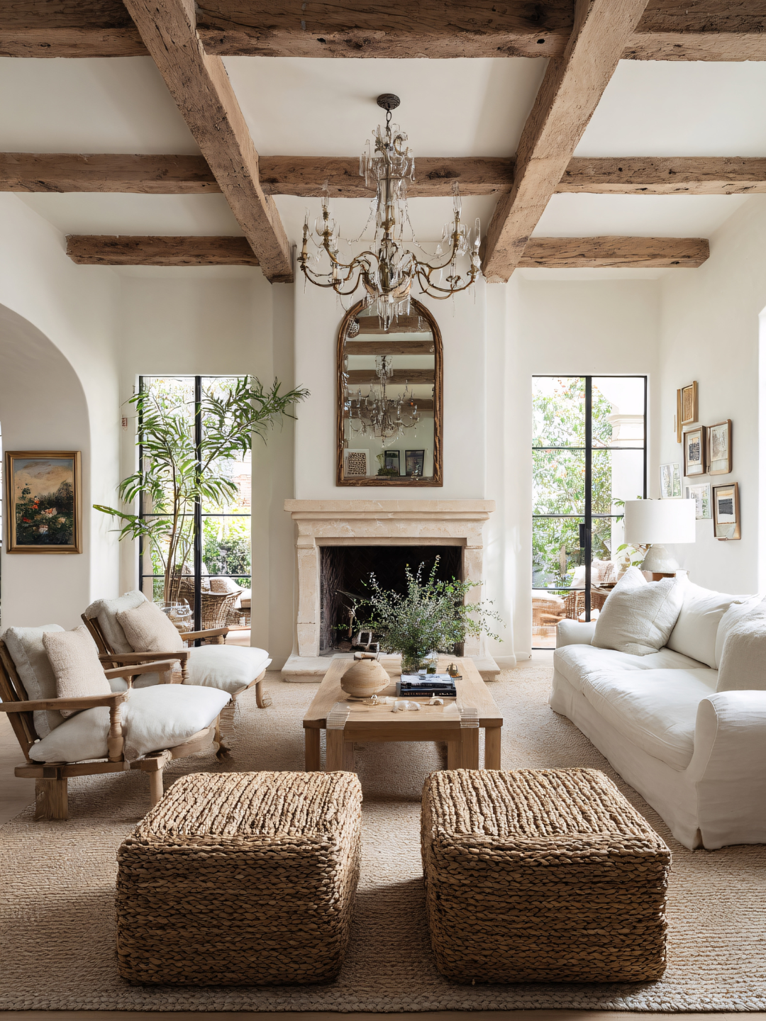 A living room with a rustic wooden beam ceiling, a chandelier, a fireplace with a mirror above, a white sofa, armchairs, two woven ottomans, a wooden coffee table with plants and books, and large windows letting in natural light.