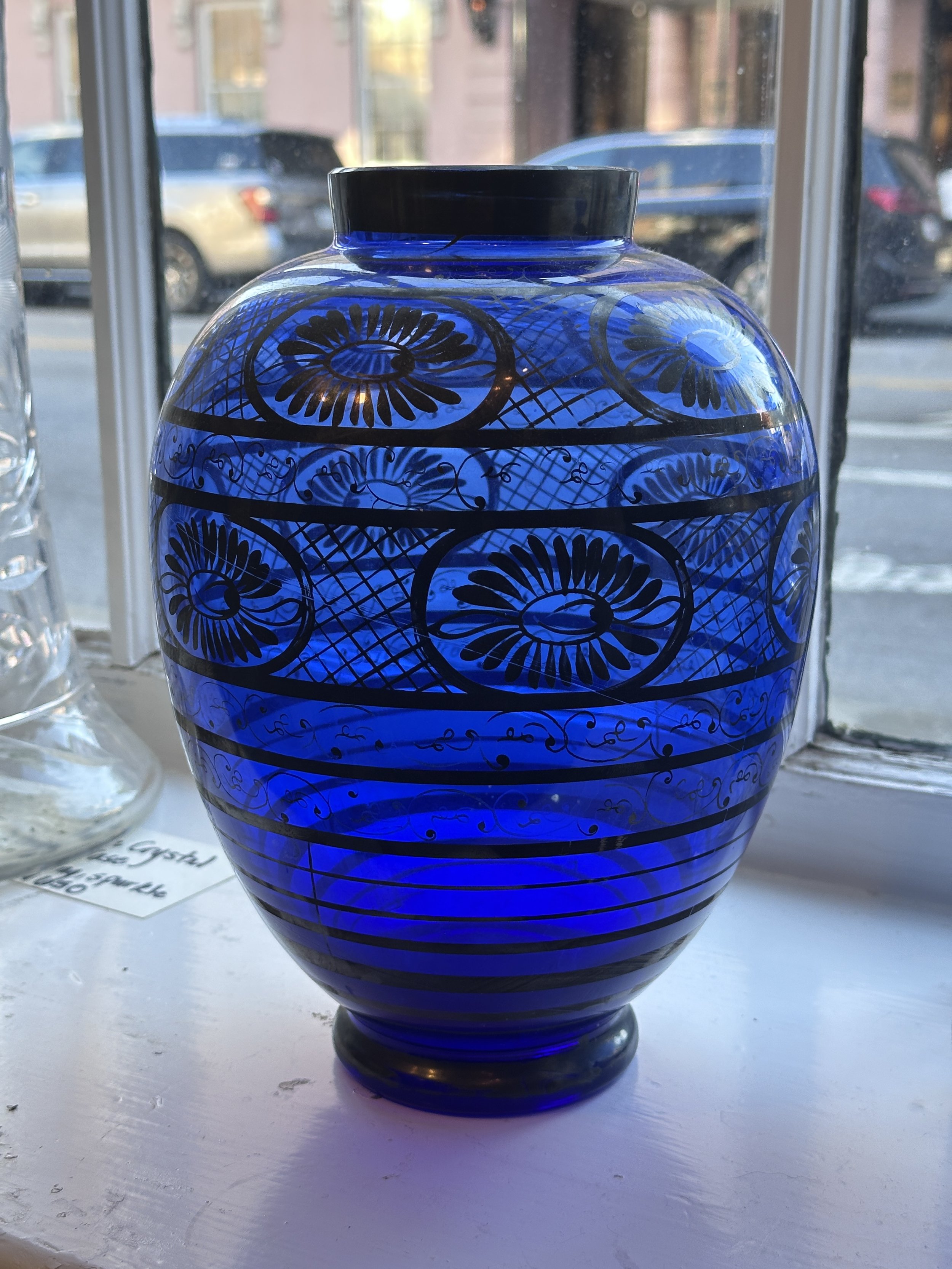 Antique-Style Murano Italy Hand Blown Glass Blue Glass Vase with Floral Engravings, Early 1900s