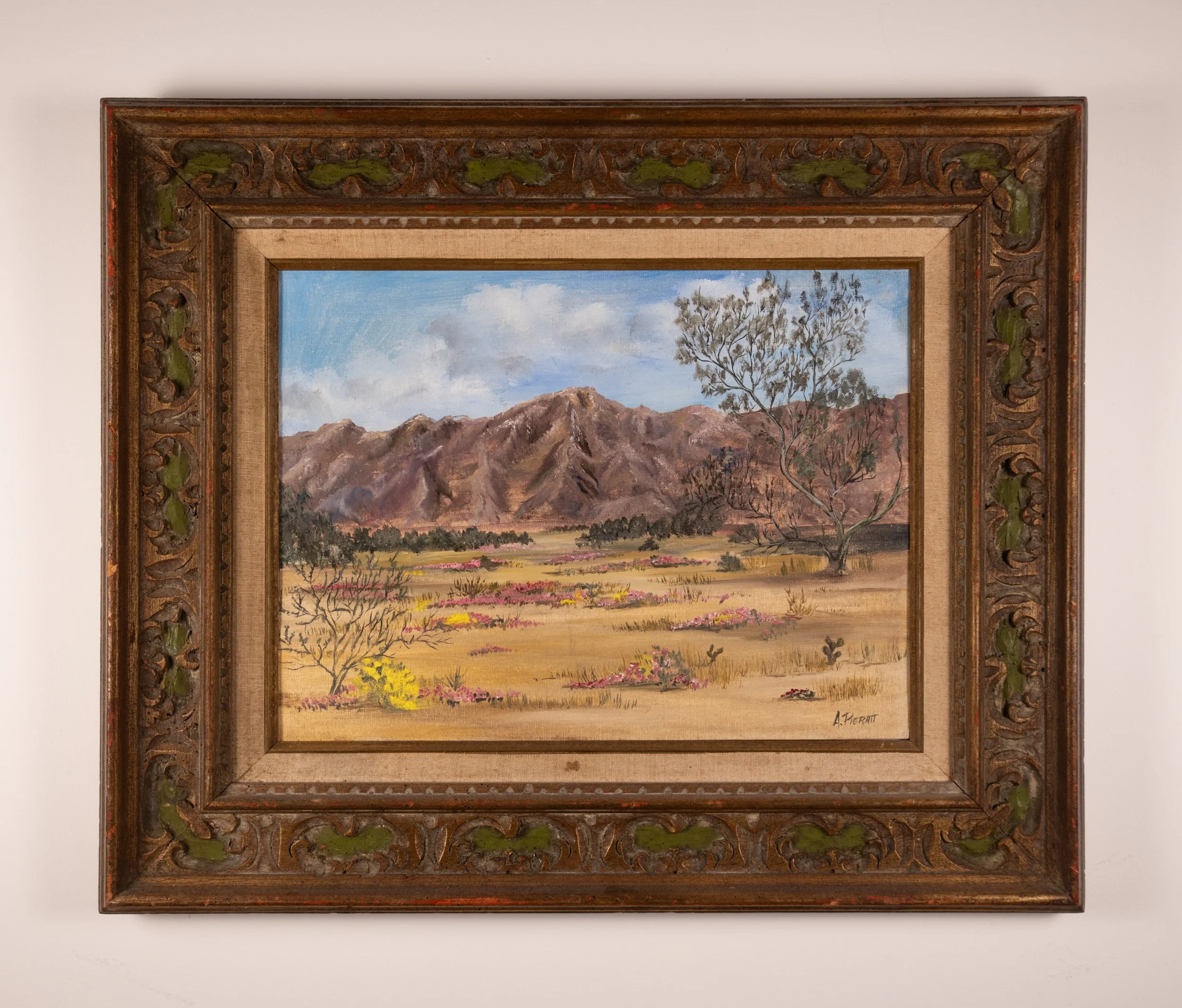 Vintage Framed Landscape Oil Painting of Purple Mountains in the Southwestern US