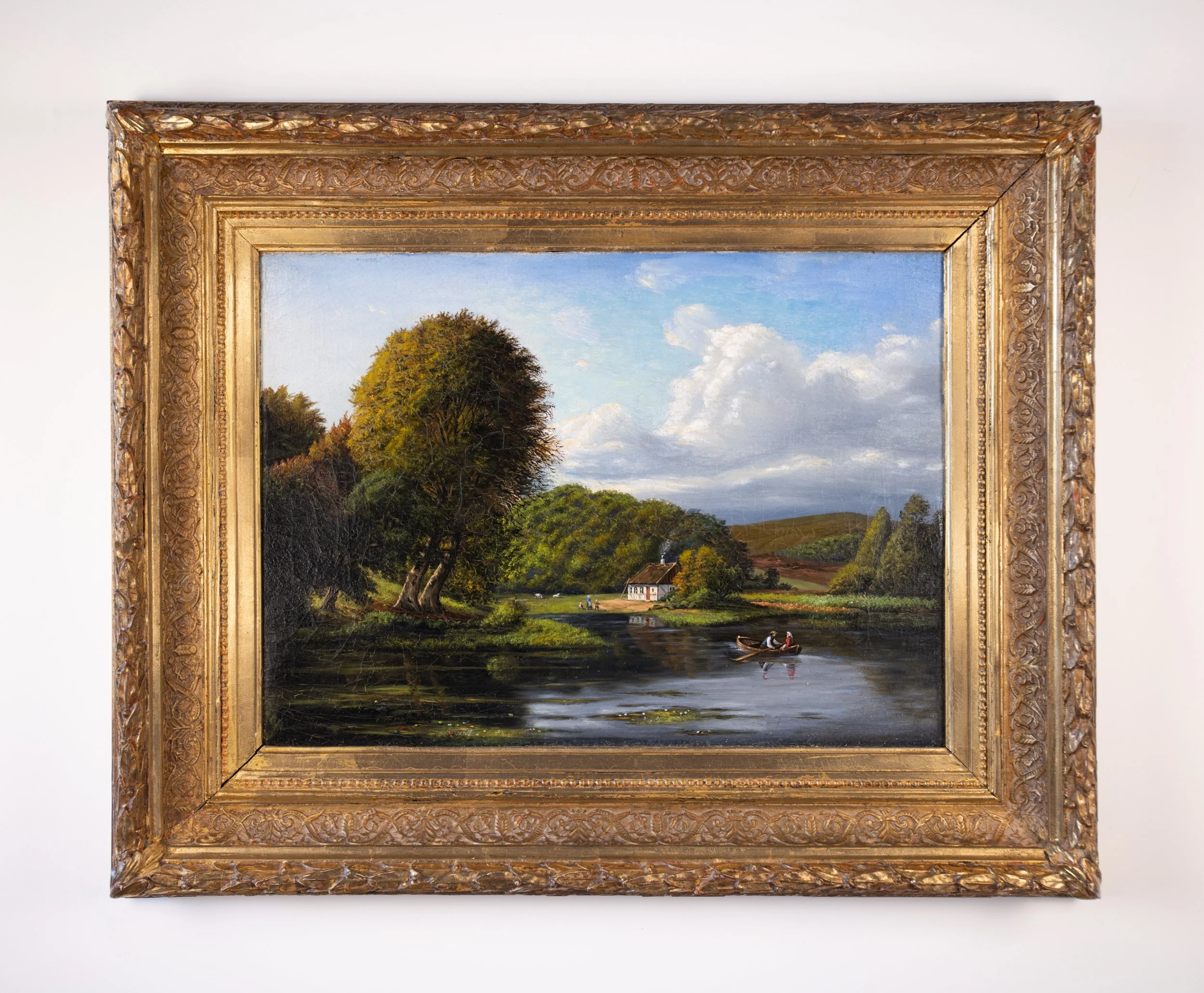 Elegance in Nature: 19th Century Framed Riverside Oil Painting
