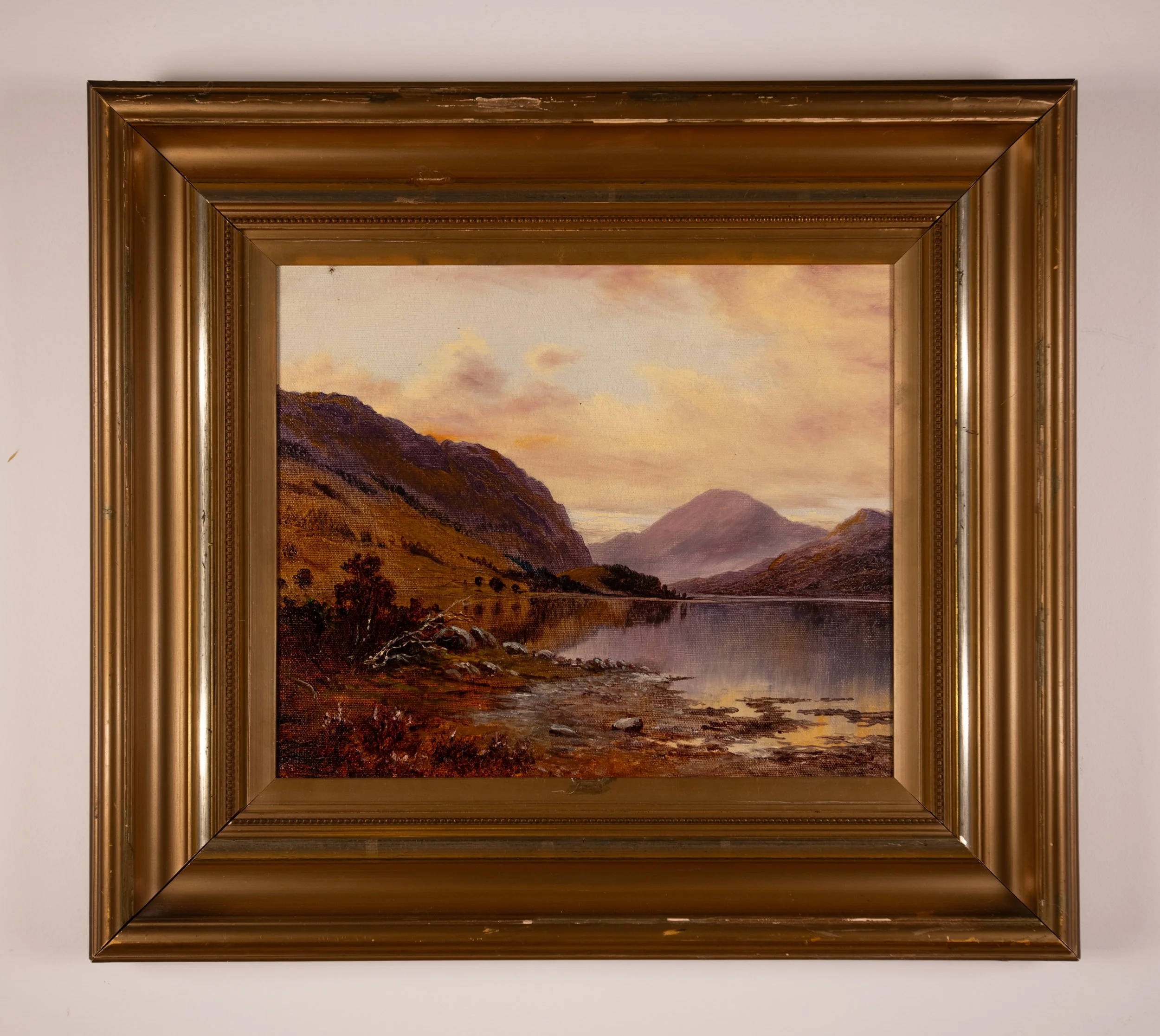 Golden Horizon of Scottish Loch Framed Landscape Painting