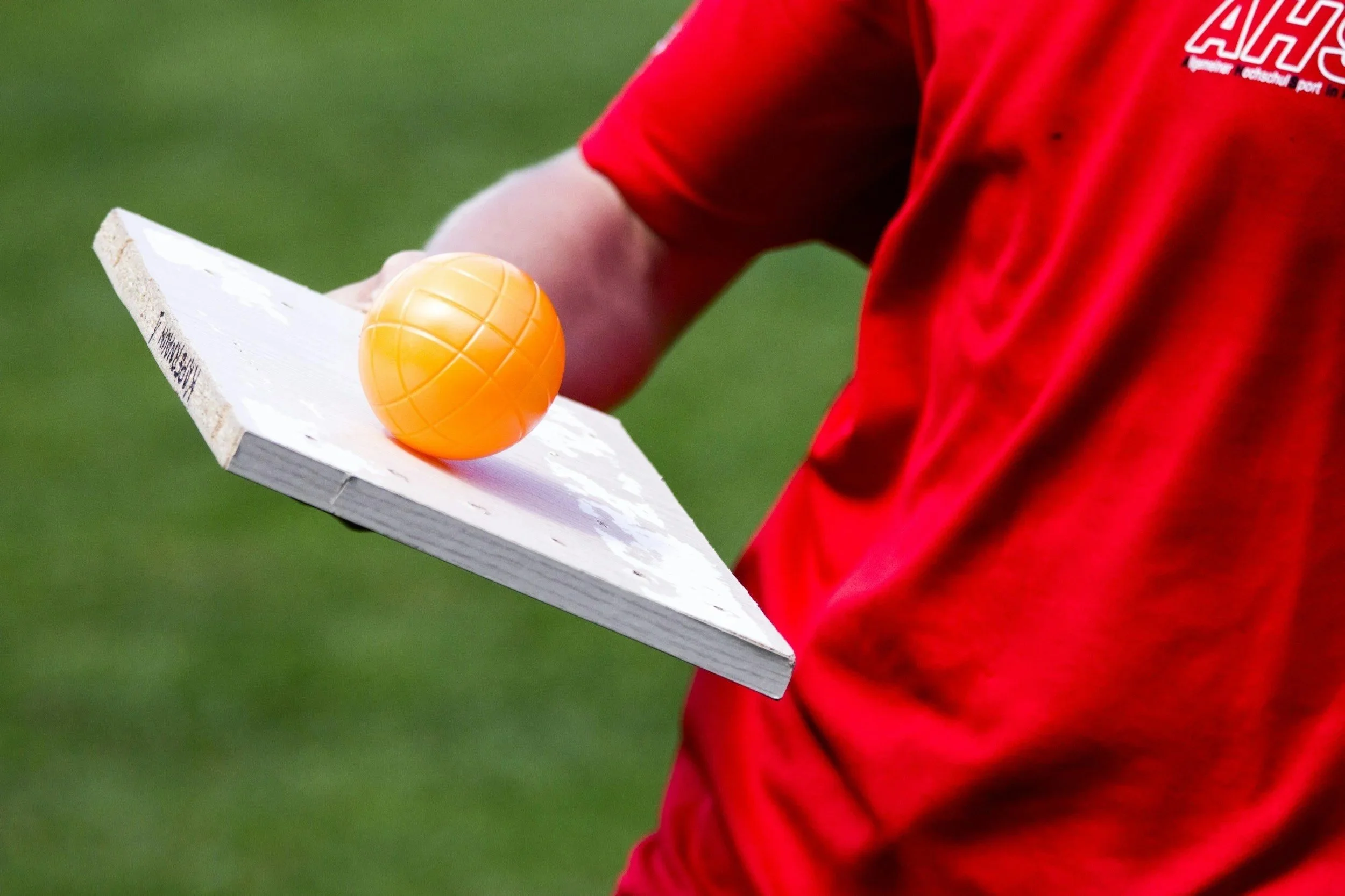 Person holding a wooden board with an orange ball on top, outdoors on grass