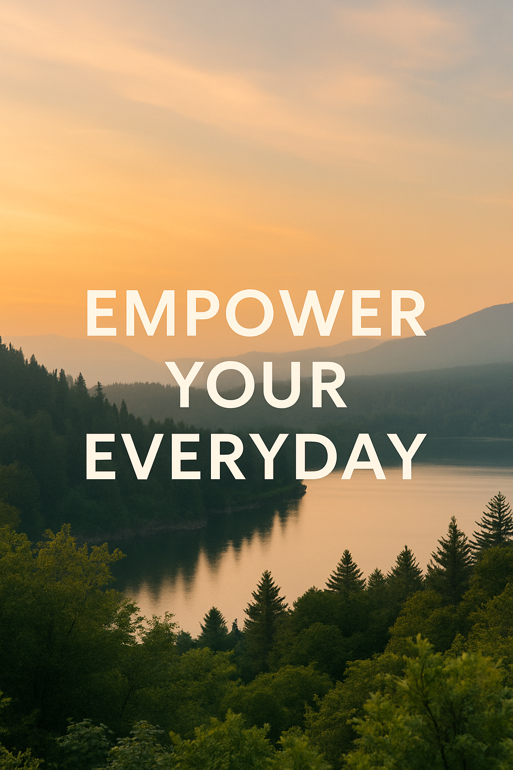 Sunset over a lake with mountains and forest in the background, with the inspirational text 'Empower Your Everyday' in white bold letters.