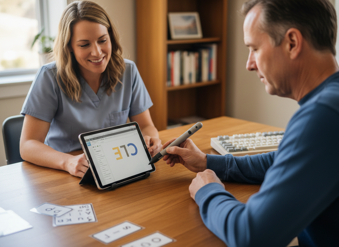 A female healthcare professional and a male patient sitting at a wooden table in a consultation room. The woman is smiling and looking at a tablet displaying the letters 'CLE.' The man, holding a stylus, is also looking at the tablet. There are paper cards with letters on the table, and a bookshelf with books behind them.