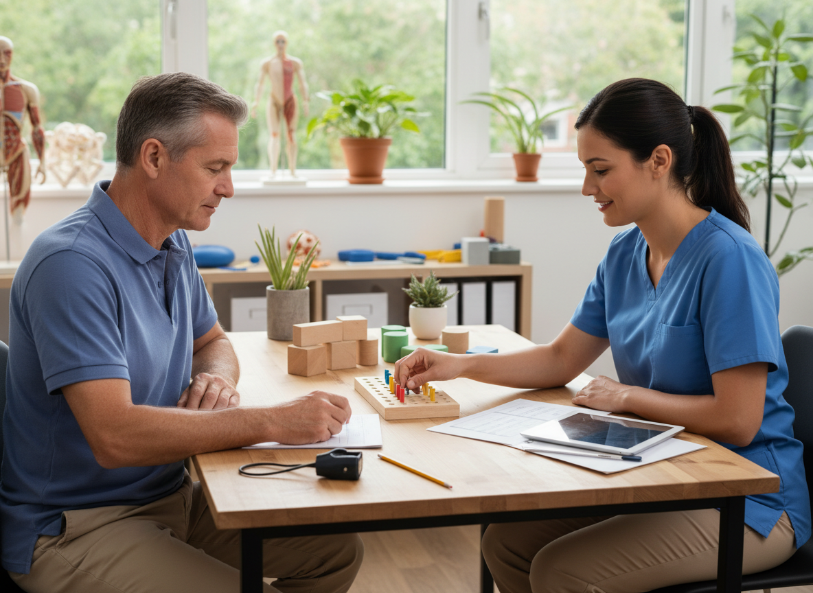 A healthcare professional, a woman dressed in blue scrubs, playing a board game with a male patient in a medical or therapy office filled with plants and anatomical models.