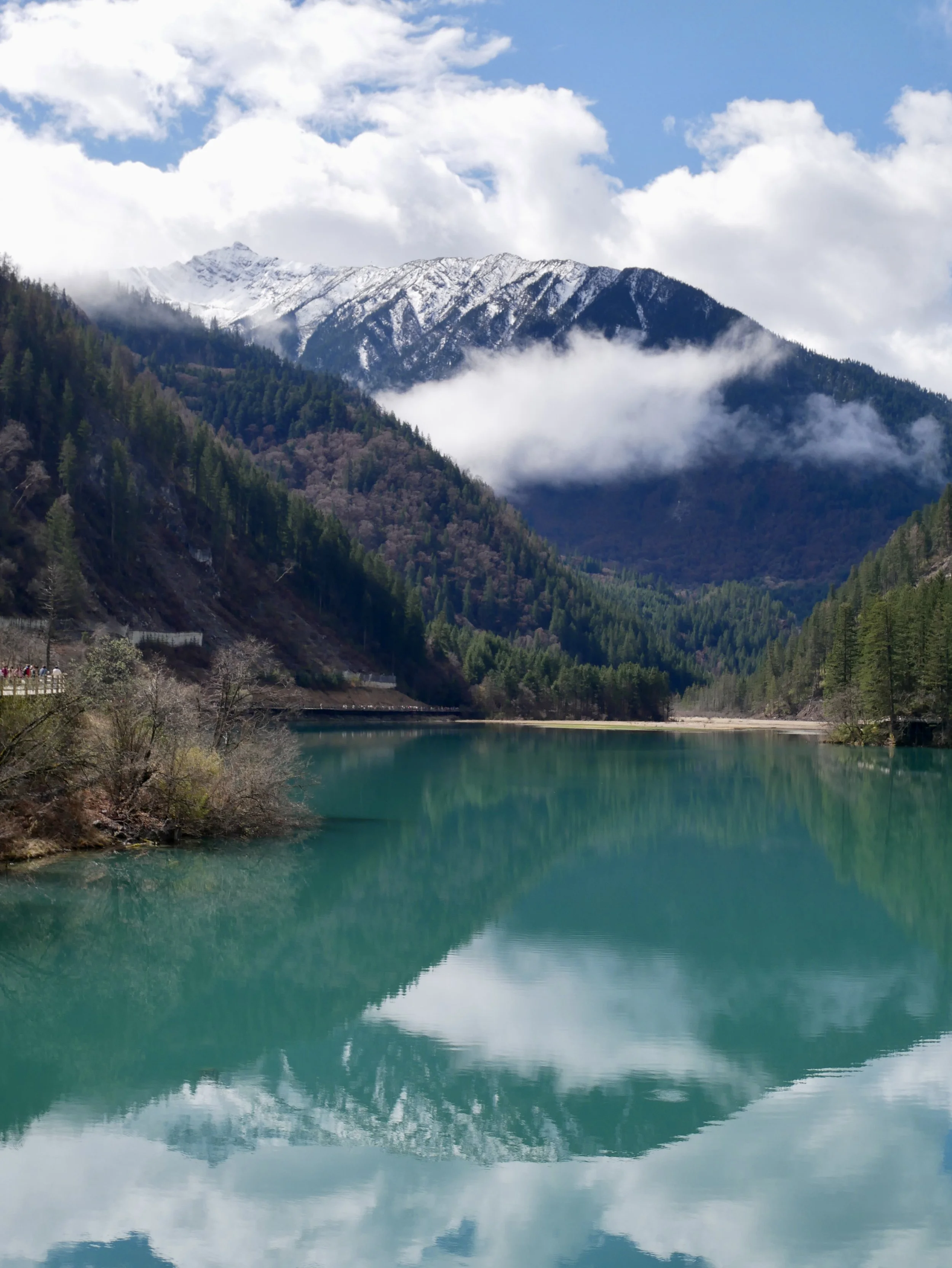 A scenic view of snow-capped mountains partially covered in clouds, with a lush green forest on the mountain slopes and a calm turquoise lake in the foreground reflecting the sky and trees.