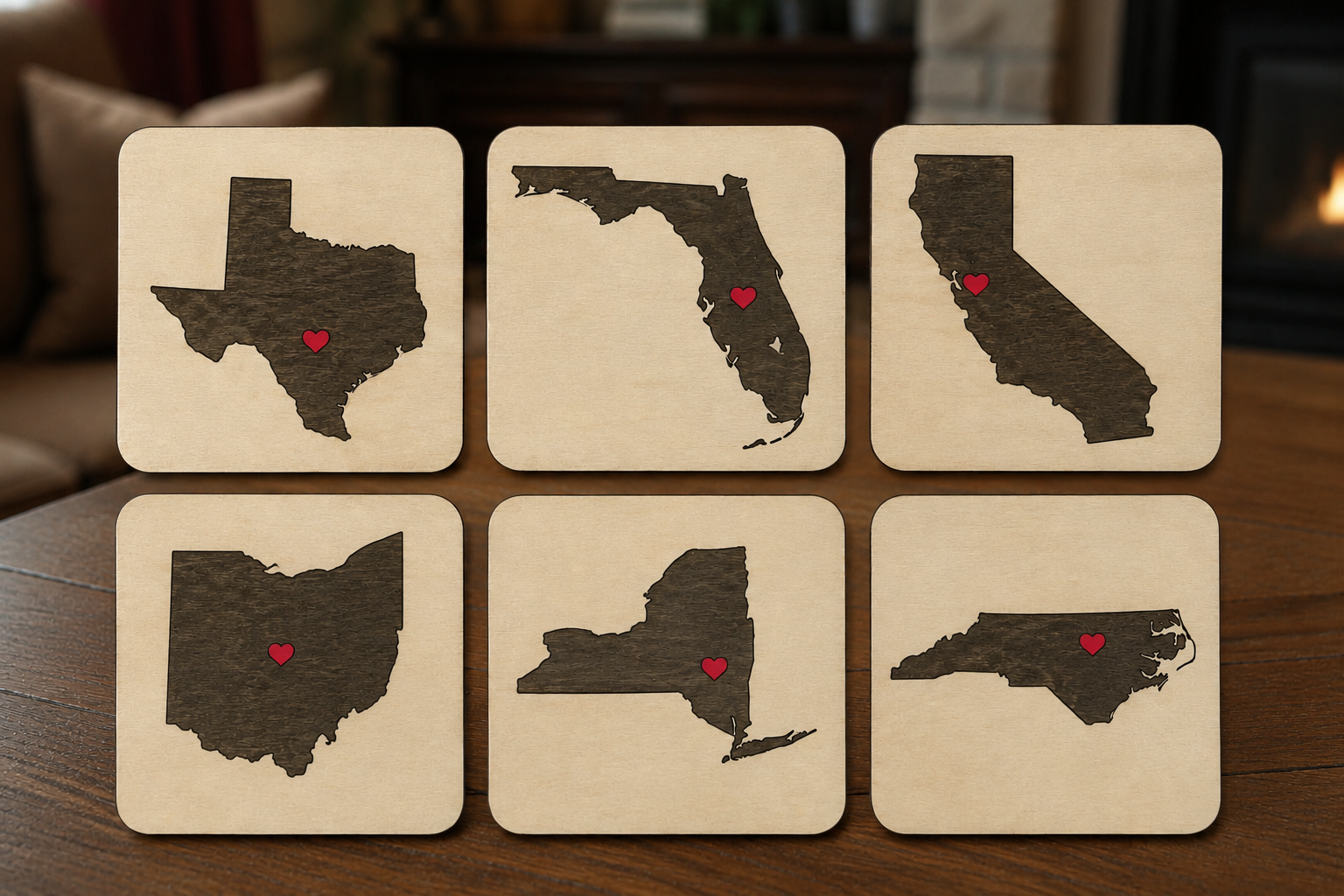 Custom State Inlay Coasters with Heart - Personalized City Location Gift | Laser-Cut Wood Coaster Set