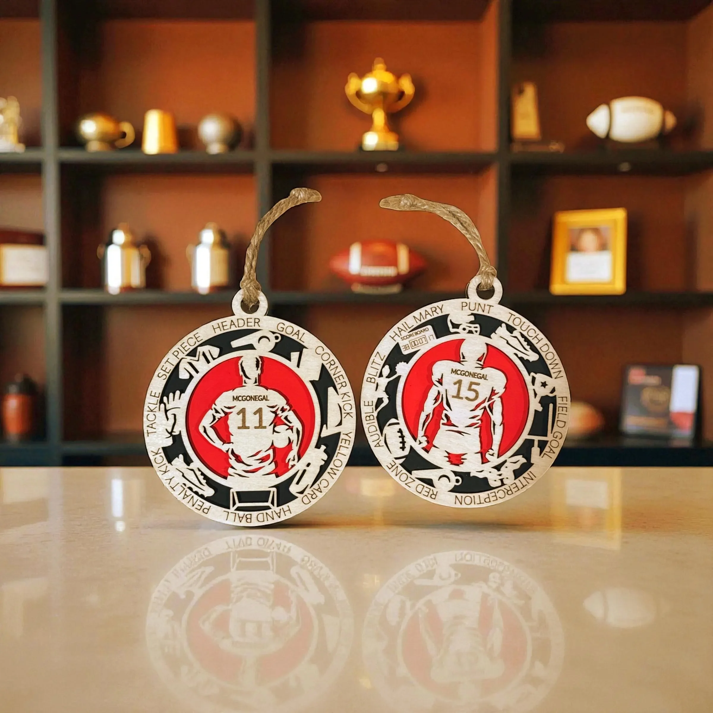 Sports themed ornaments and medals