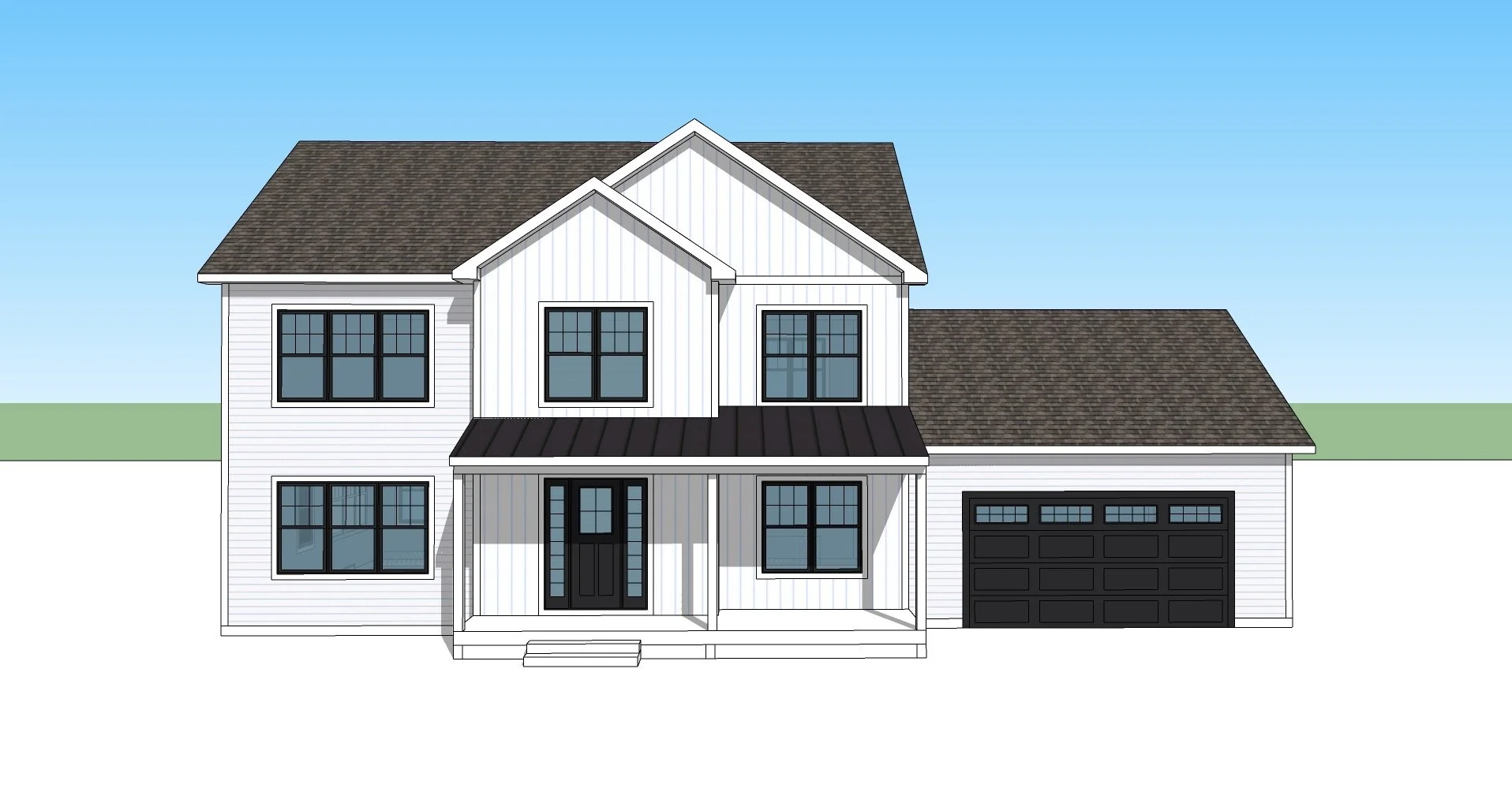 Illustration of a two-story white house with black windows, front porch, and attached garage, against a blue sky and green background.