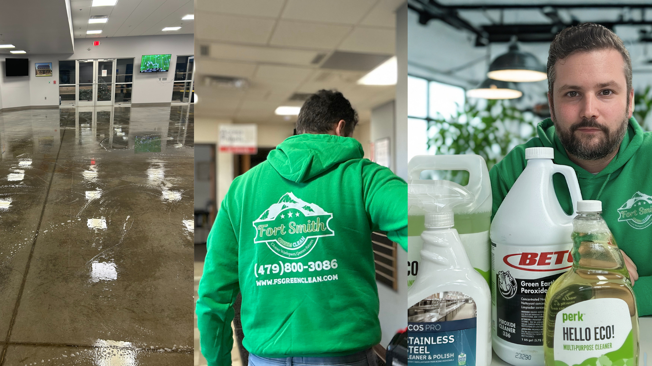 Indoor commercial space with a wet floor, a man in a green hoodie with 'Fort Smith Green Clean' on the back, and cleaning supplies on a table, including bottles labeled with eco-friendly cleaning products.