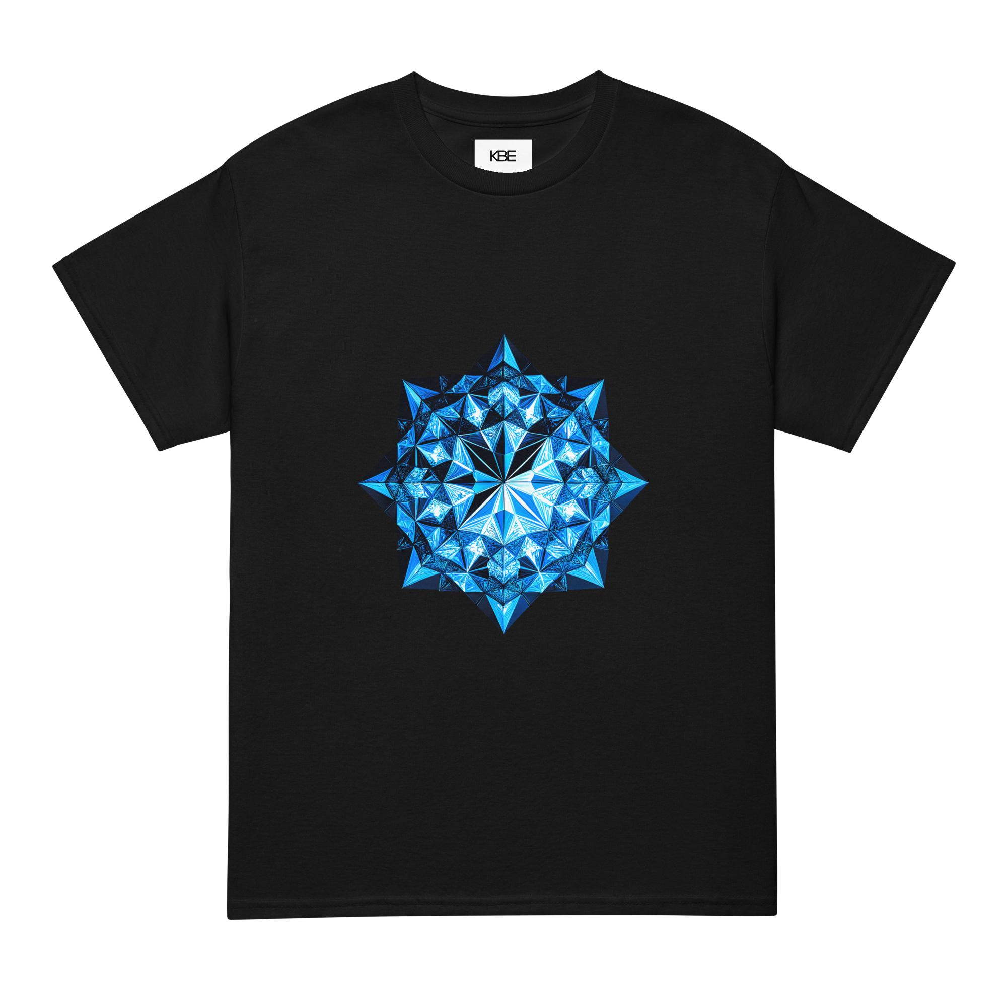 Black T-shirt with a bright blue geometric 3D star-like design in the center.