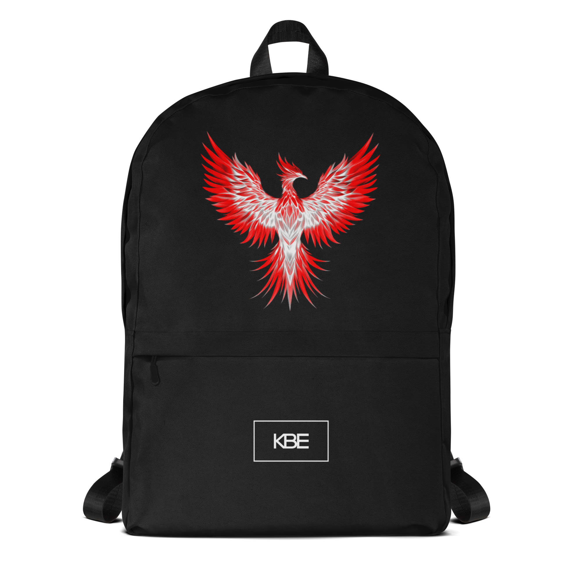 Black backpack with a red and white phoenix design on the front and a white KBE logo below the design.