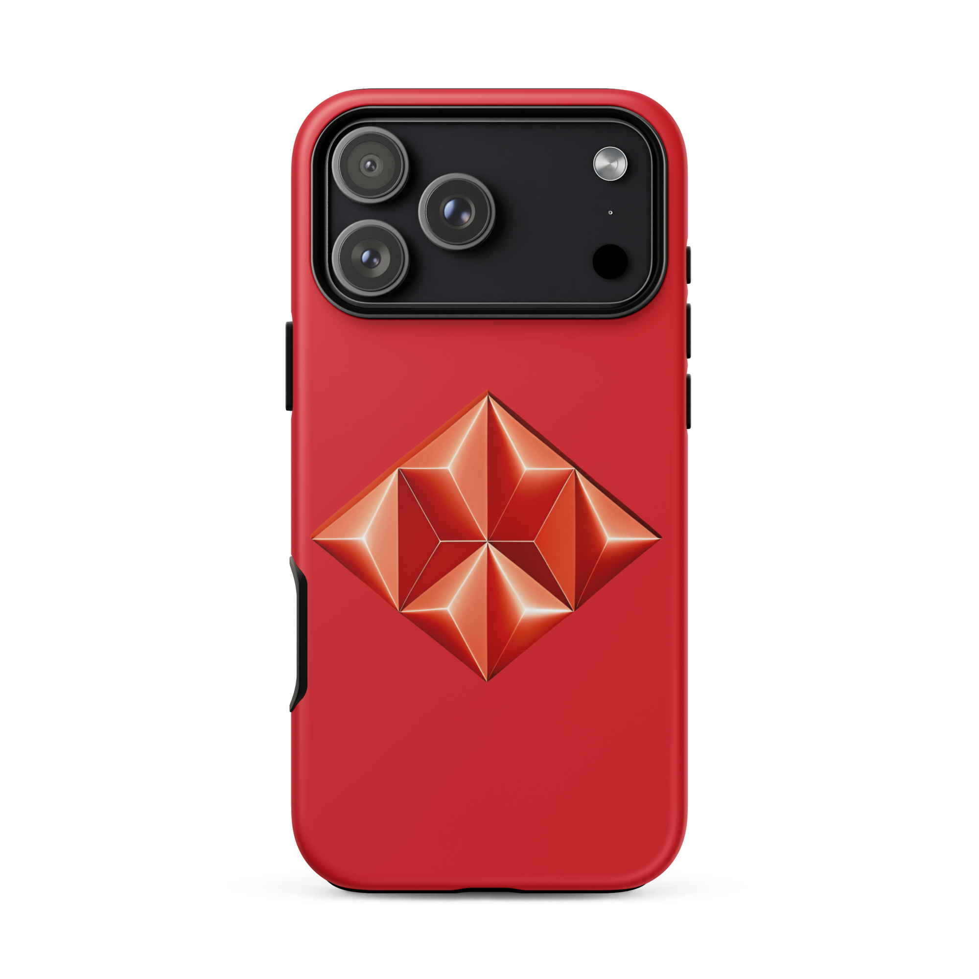 Red smartphone with a geometric 3D emblem on the back.