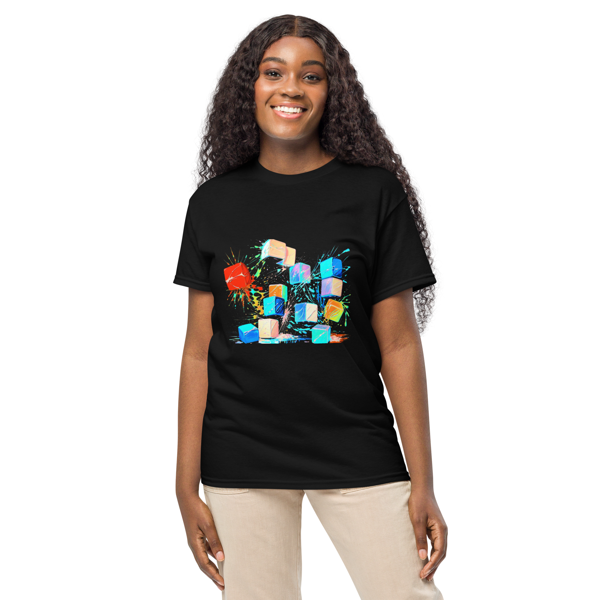 Woman wearing unisex graphic tee