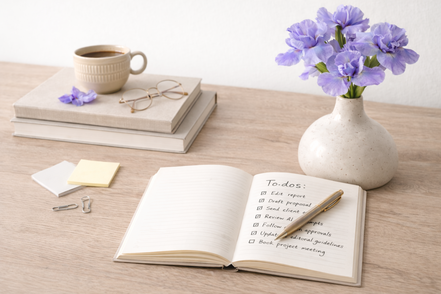 A wooden desk with a vase of purple irises, an open notebook with a to-do list of editorial tasks, a pen, some sticky notes, paper clips, a cup of coffee, glasses, and a few books.