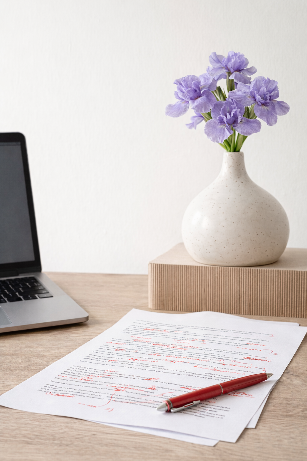 A desk with a laptop, a sheet of paper with red markings and a red pen, and a white vase with purple flowers on top of a rectangular wooden block against a white wall.