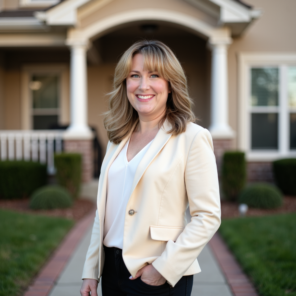 Stacia Whatley Real Estate Broker in WA State and Online Real Estate Coach with blonde hair wearing a light-colored blazer and white top, standing outside in front of a house with a porch and green landscaping, smiling at the camera.