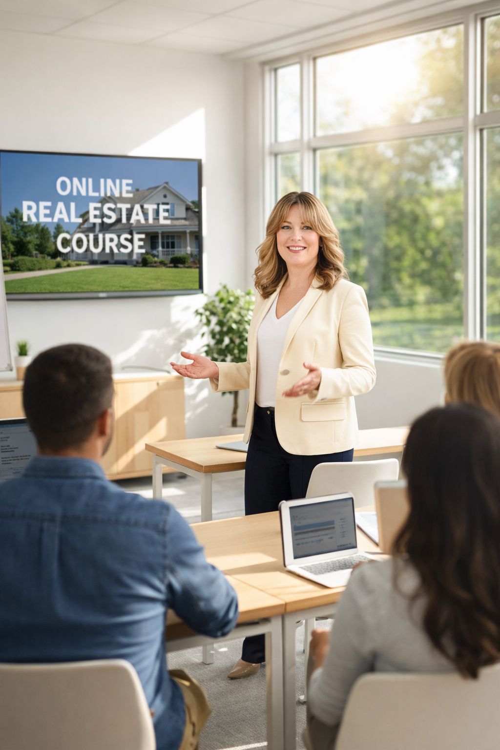 Stacia Whatley Real Estate Broker in WA State in a cream-colored blazer giving a presentation to a group of students in a bright classroom with large windows, while a screen behind her displays 'Online Real Estate Course' and an image of a house.