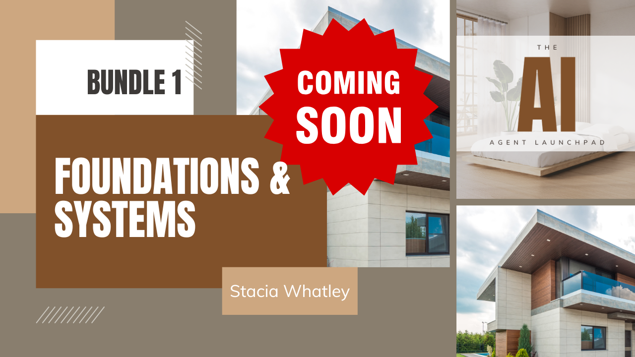 Course cover titled "Foundations & Systems" by Stacia Whatley with images of modern house exteriors and an interior with a bed and a plant