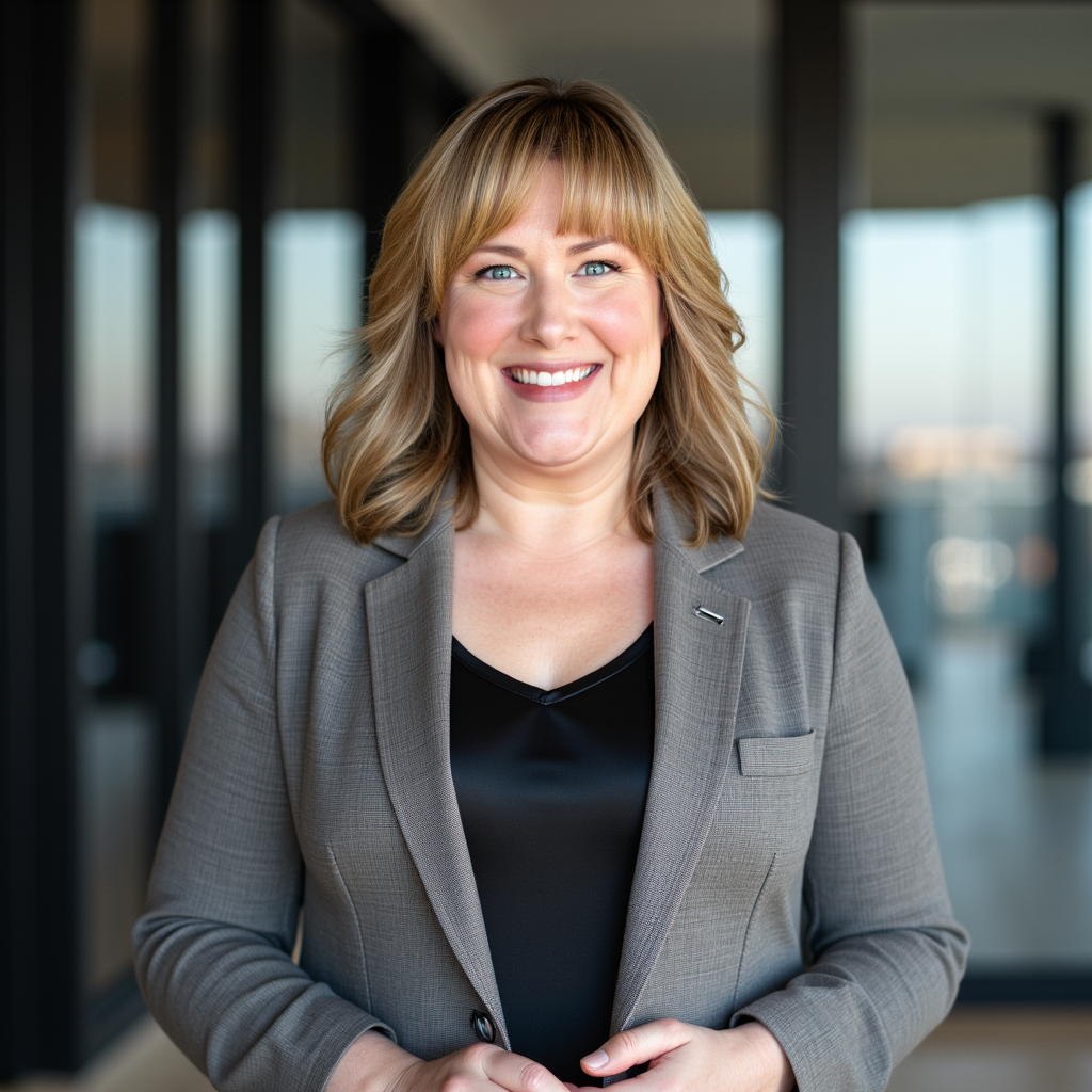 Stacia Whatley Real Estate Broker in WA State and Online Real Estate Coach smiling with shoulder-length blonde hair in a professional gray blazer standing in an office building with large windows.