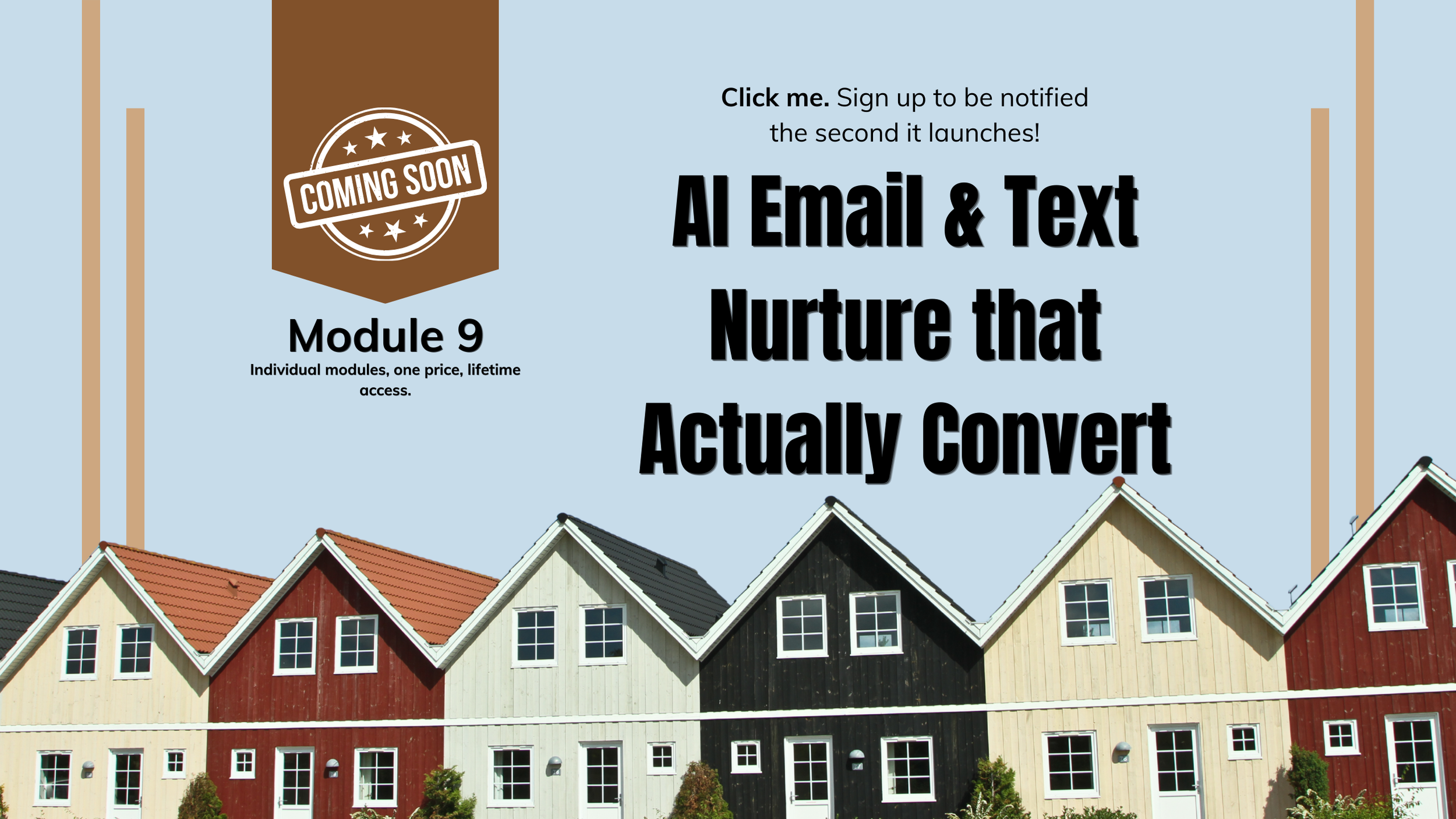 Colorful row of houses with different colored exteriors, including red, yellow, black, and white, set against a clear blue sky.