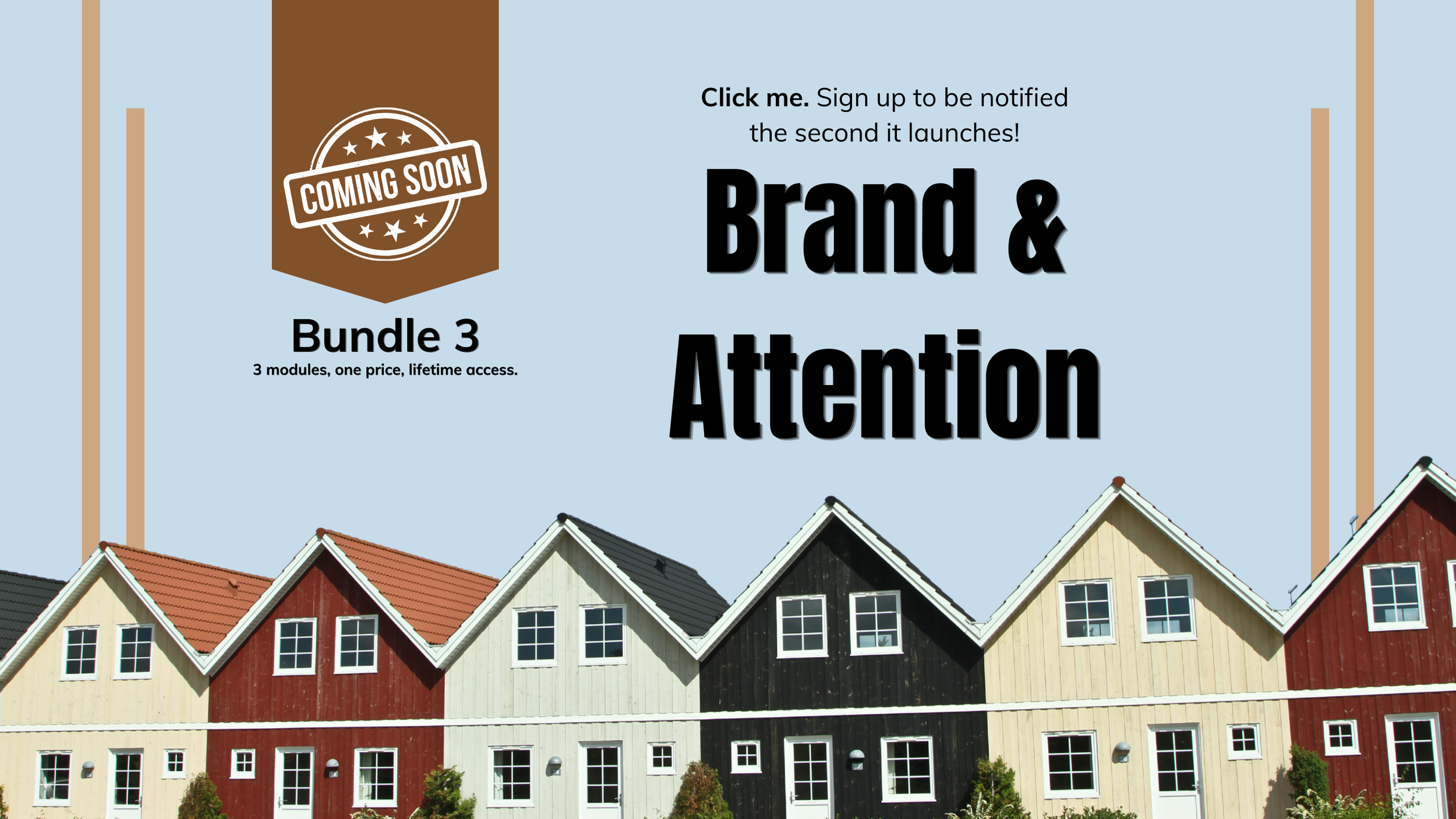 Colorful row of houses with gabled roofs, in shades of beige, red, black, and yellow, under a blue sky.