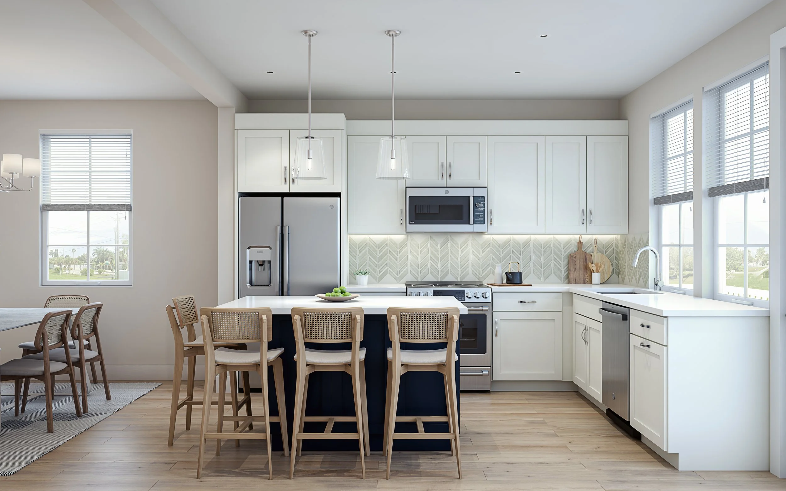 Modern kitchen with white cabinets, stainless steel appliances, and a central island with four wooden stools, located in a bright room with large windows.