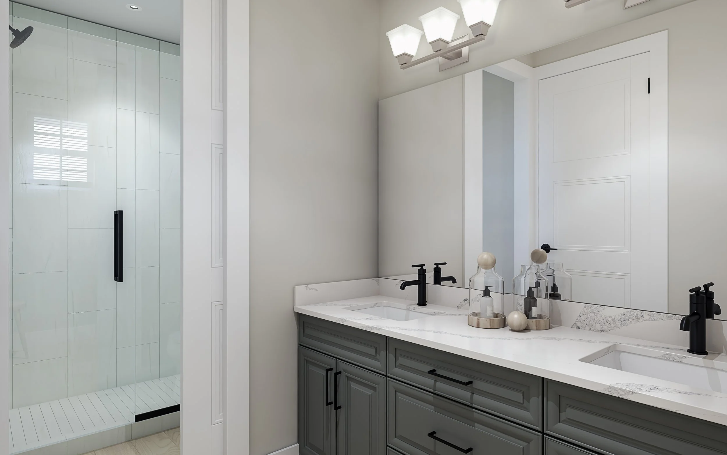 Modern bathroom with double vanity featuring gray cabinets, white marble countertop, and black fixtures. A large mirror above with modern light fixtures. Glass shower enclosure with black handle.
