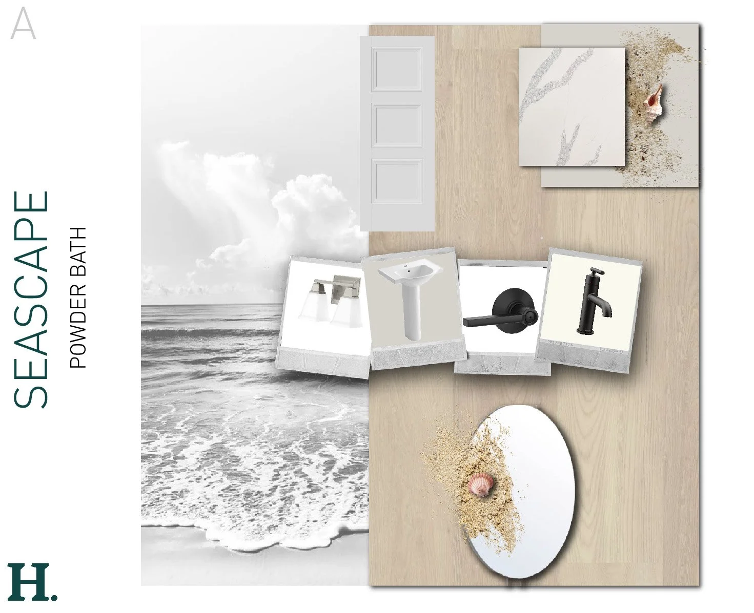 Collage of bathroom items including three faucets, a sink, a showerhead, and a mirror, arranged on a wooden surface with a beach background.