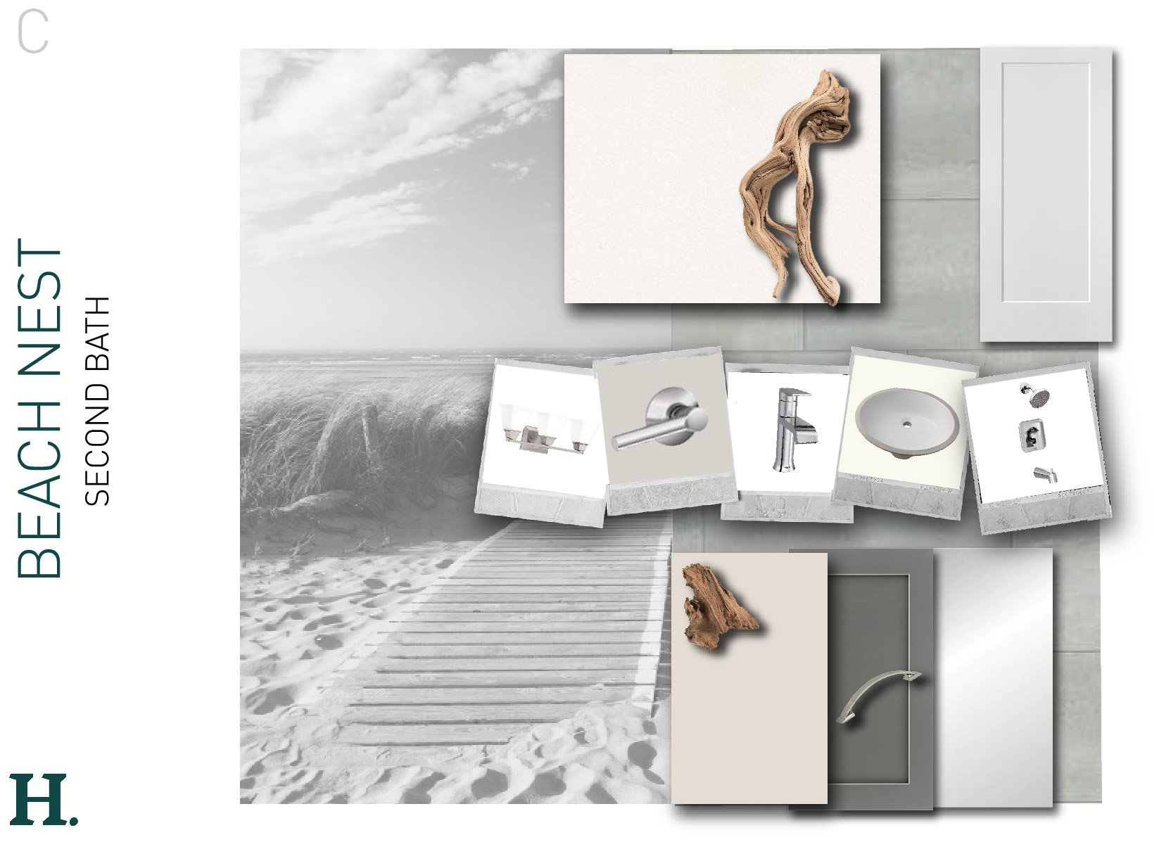 Arrangement of bathroom fixtures and accessories on a tiled floor, including a faucet, sink, showerhead, and decorative wooden accents, with a gray and white beach scene in the background and a framed abstract artwork.