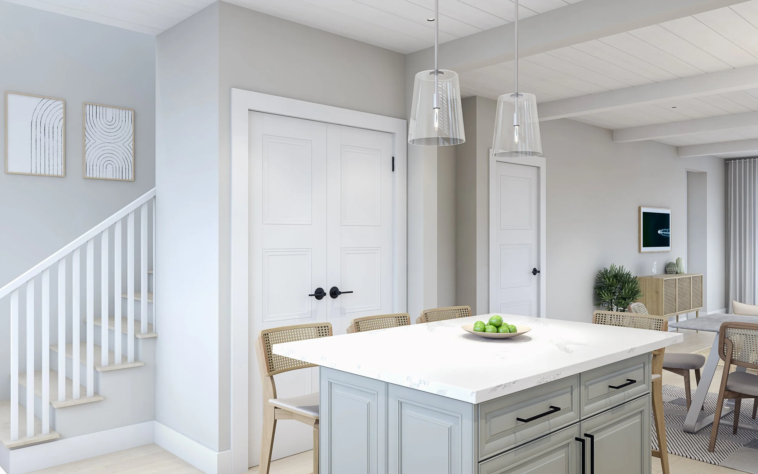 Modern open-concept kitchen and dining area with white cabinetry, a central island with a white marble countertop, pendant lighting, beige chairs, and minimal decor.