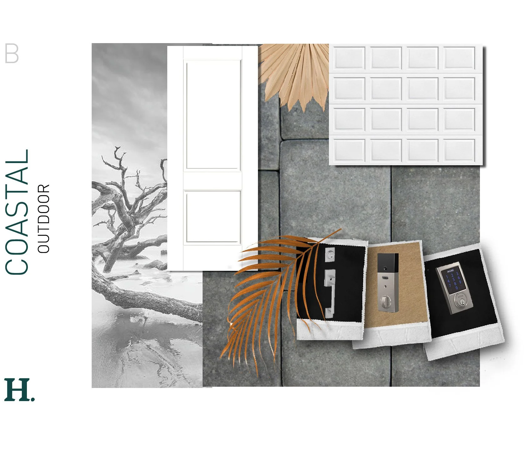 Collection of outdoor door hardware and accessories including a keypad lock, a smart lock, a doorbell, a key, and a door handle, arranged on a tiled floor with decorative elements and wall art.