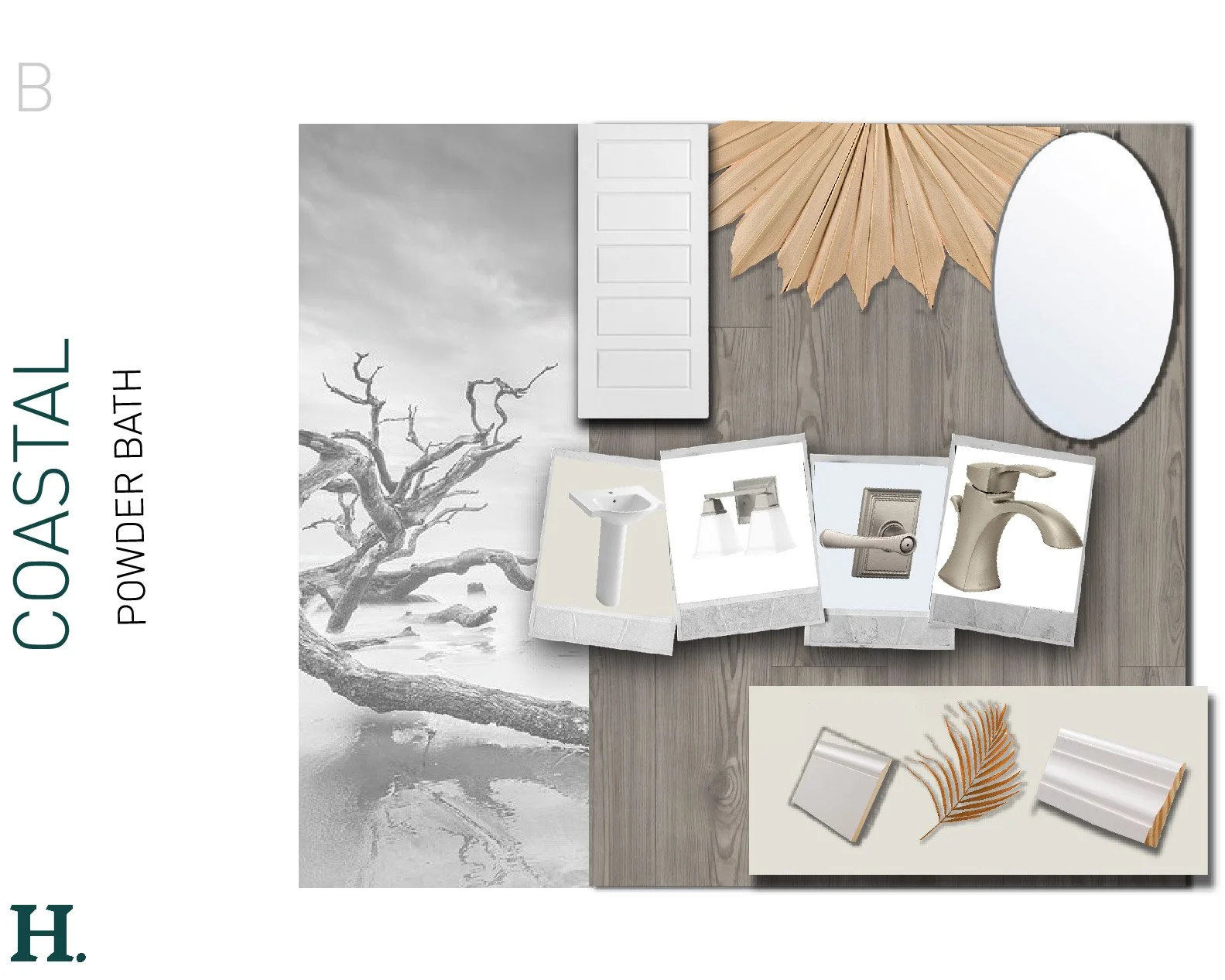 Collection of bathroom fixtures and decor samples including a faucet, soap dispenser, and decorative elements on a wooden surface