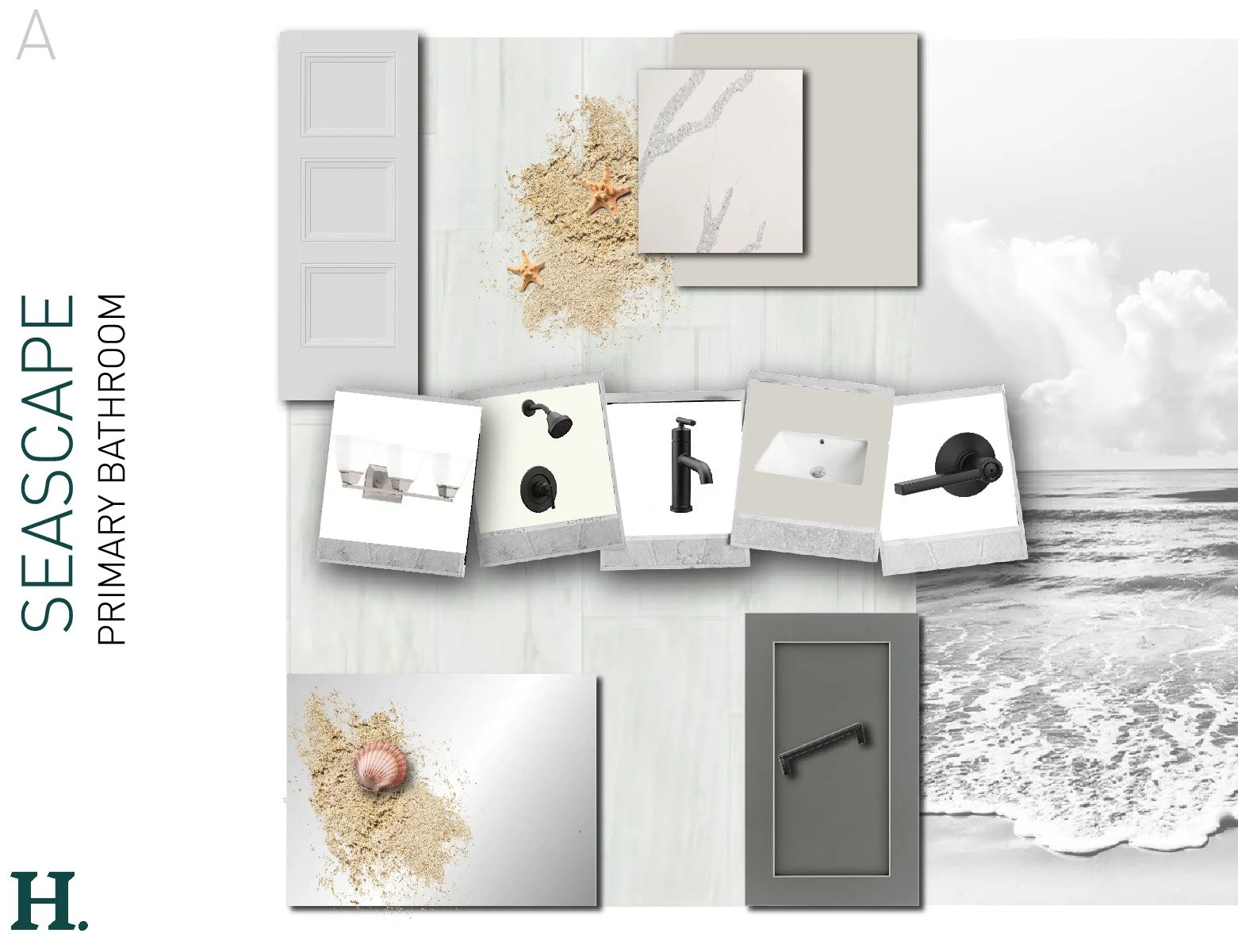 Collage of beach-themed decor and hardware, including a showerhead, faucet, sink, towel ring, and door handle, with sand and seashells on a beach background.