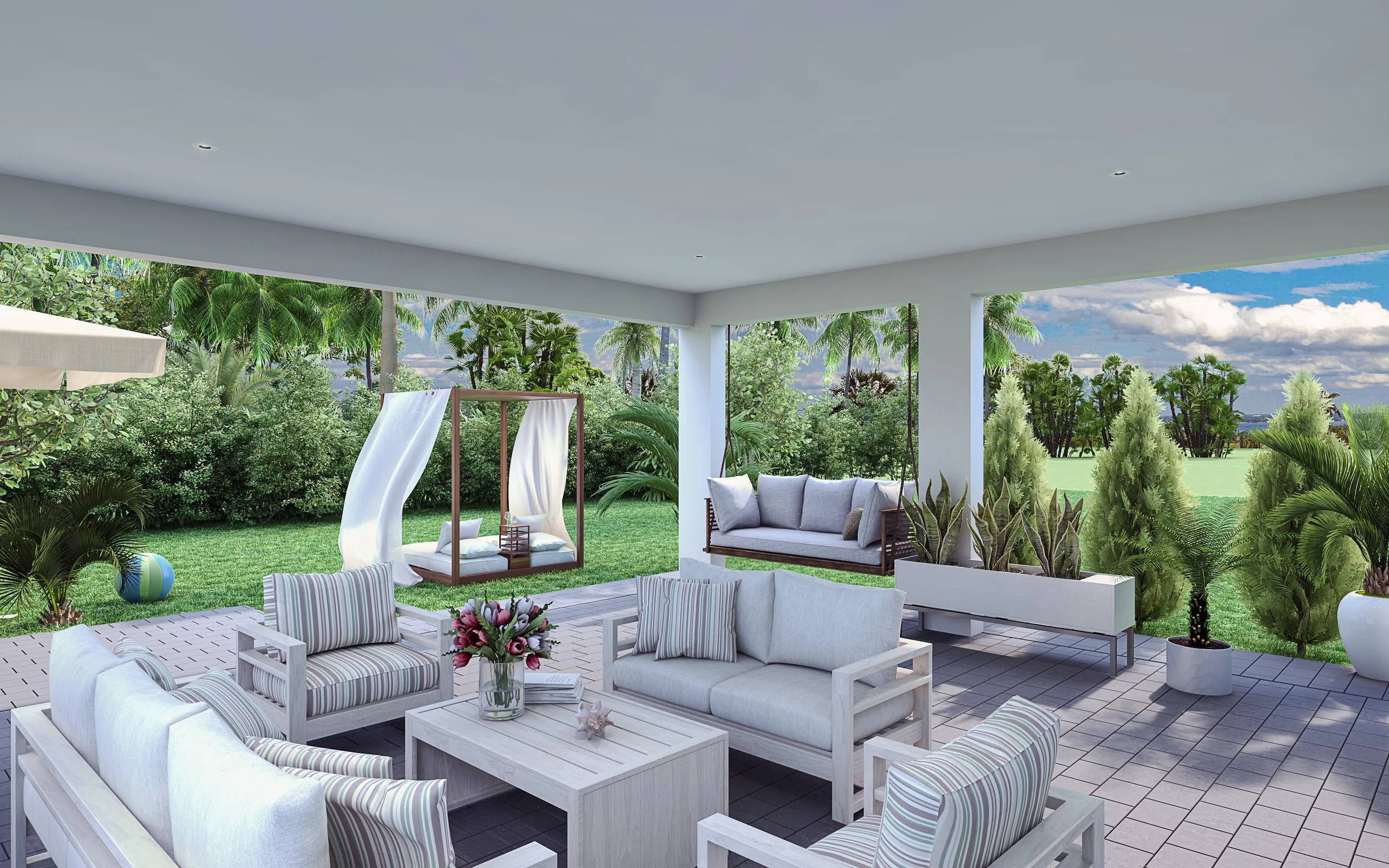 Modern outdoor patio with white furniture, striped cushions, potted plants, a swing, and lush greenery in the background.