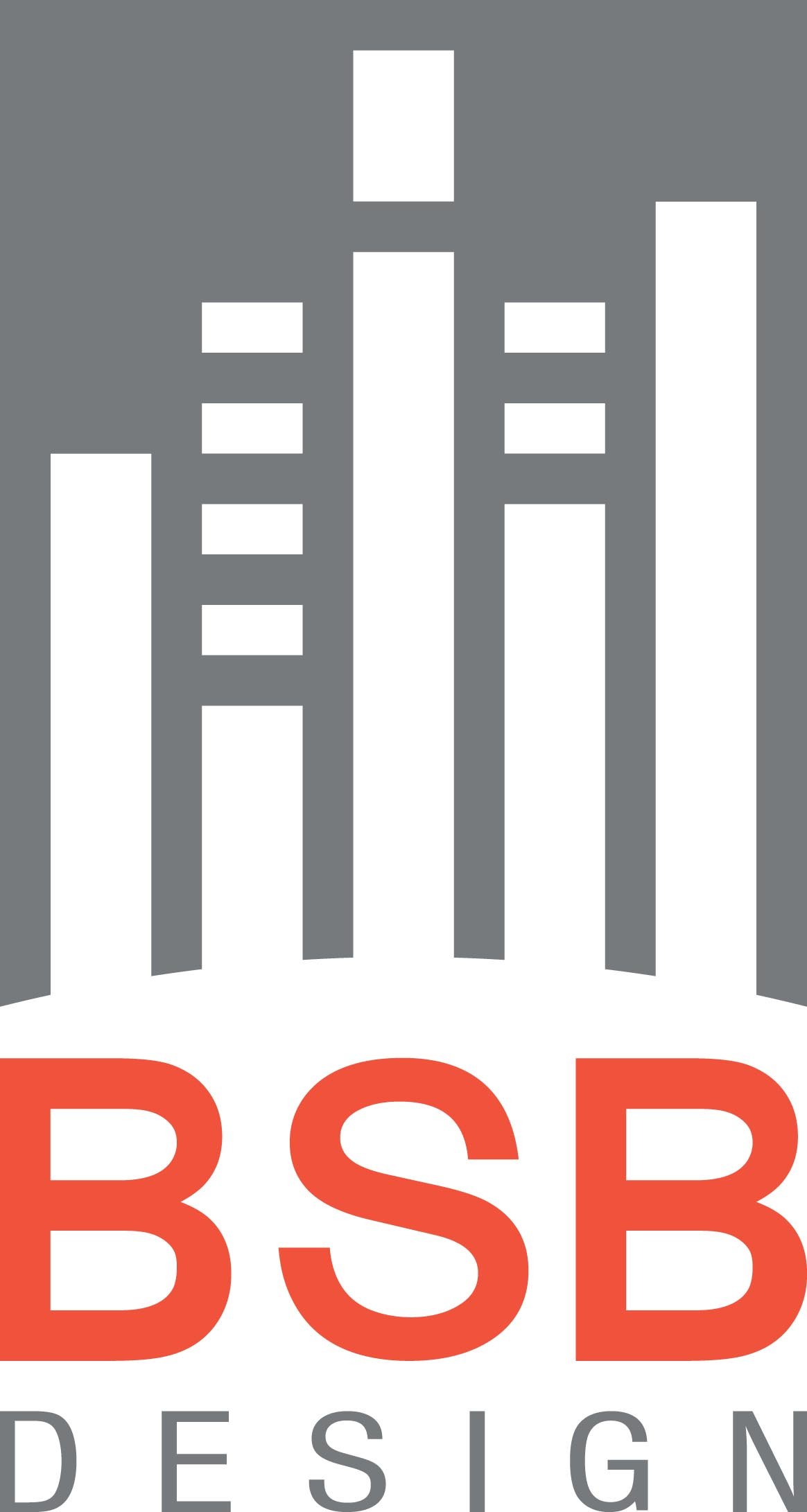 Logo with gray background, white stylized buildings, and text 'BSB' in orange, 'DESIGN' in gray.