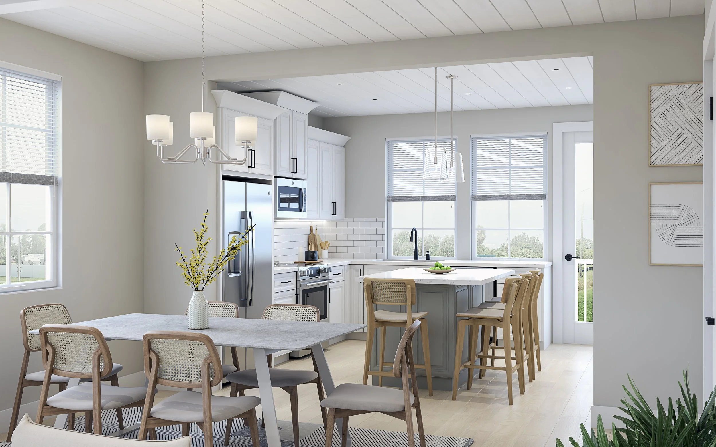 Bright kitchen with white cabinetry, stainless steel appliances, and a central island with four chairs. Adjacent dining area with a light-colored table and six chairs, a vase with yellow flowers on the table. Large windows with blinds, light wood flo