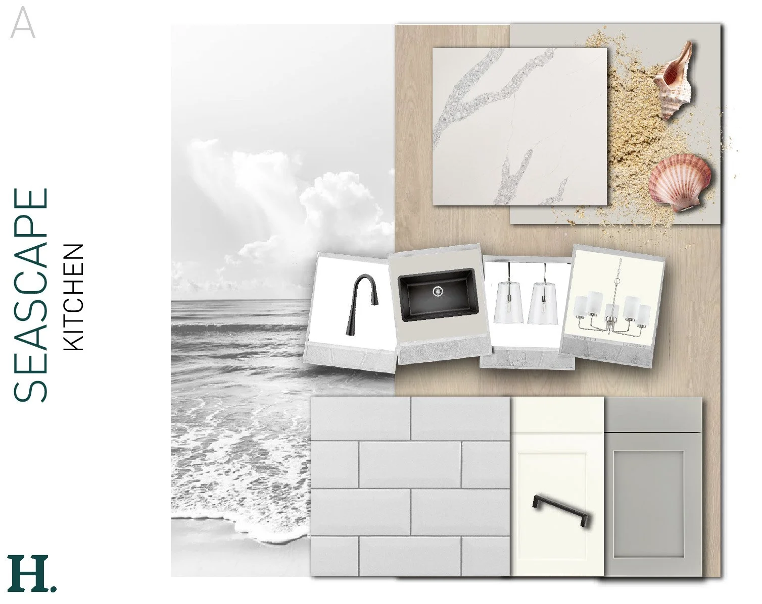 A color palette for a seaside kitchen design with neutral tones including white, beige, and gray. Featuring materials like marble, wood, and cement, along with decorative shells and sand on a wooden surface. The palette includes cabinets, a sink, fau