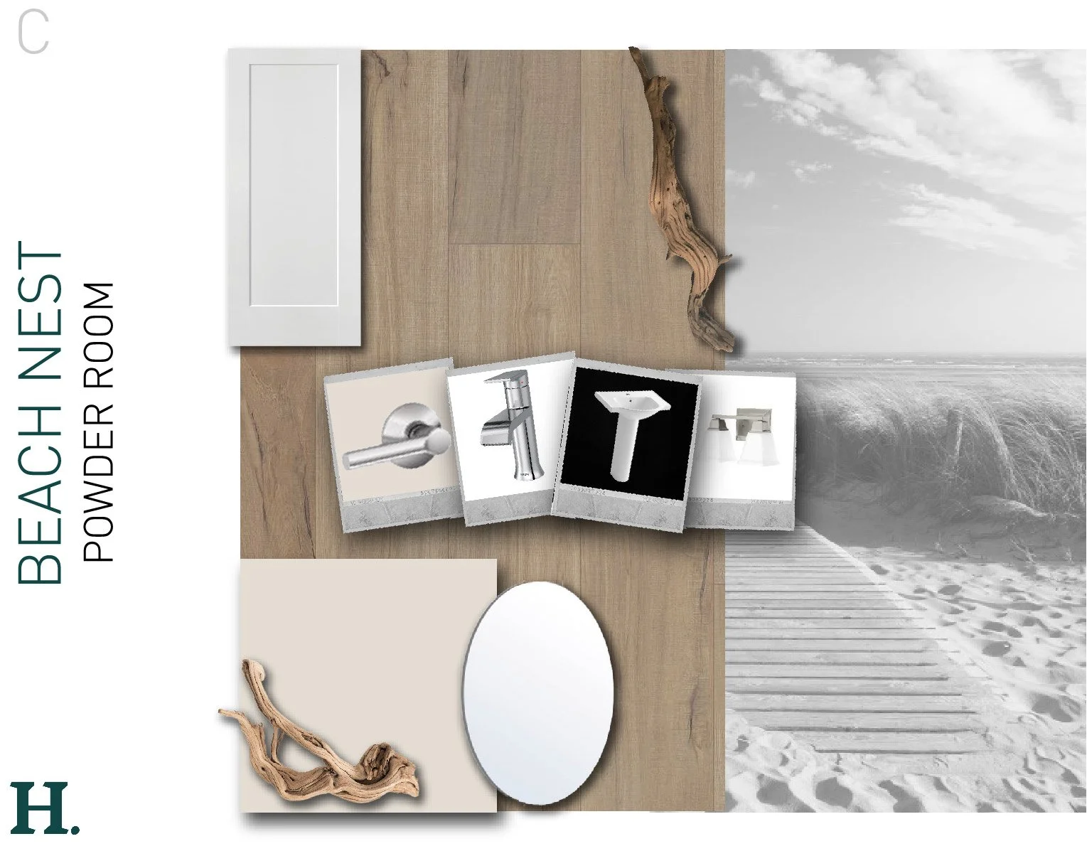 Bathroom interior with wooden wall, white cabinet, and beach-themed decor, including driftwood and a mirror, overlooking a sandy beach and ocean.