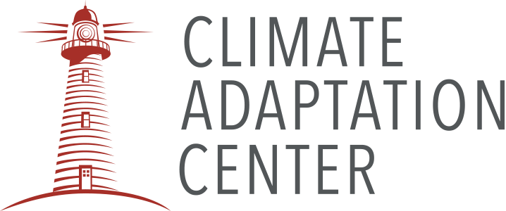 Illustration of a lighthouse next to the text 'Climate Adaptation Center' in bold, modern font.