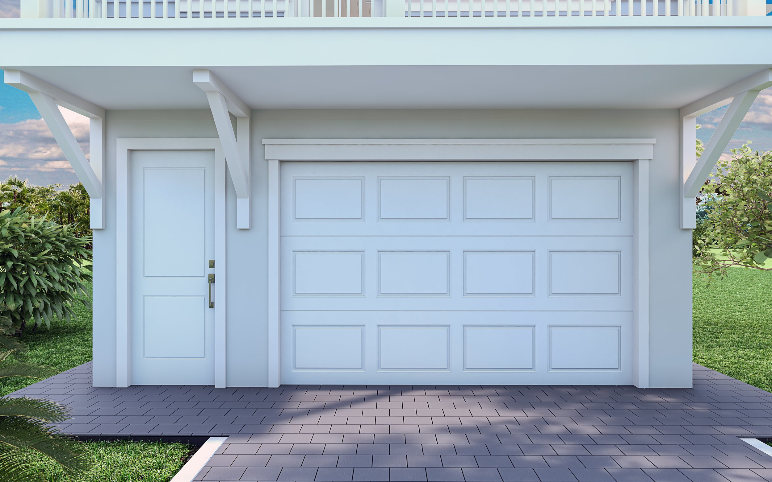 Front view of a white garage door and a white side door on a modern house with a brick-paved driveway and green landscaping.