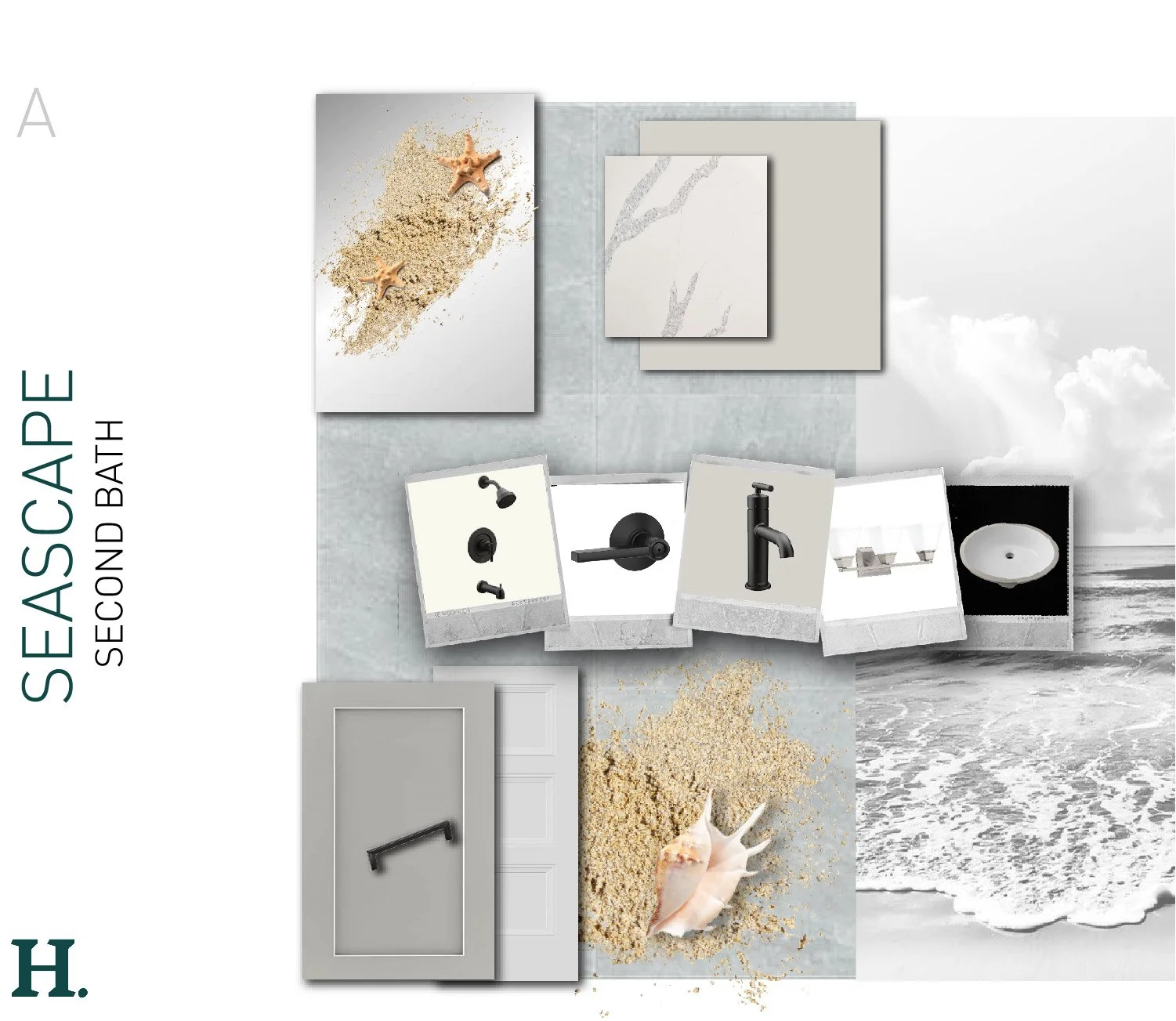 Collage of bathroom fixtures and decor including showerhead, soap dispenser, faucet, towel bar, sink, and ocean sunset with clouds, along with beach sand and seashells, with overlay text 'Seas Cape Second Bath' and a black letter 'H'.